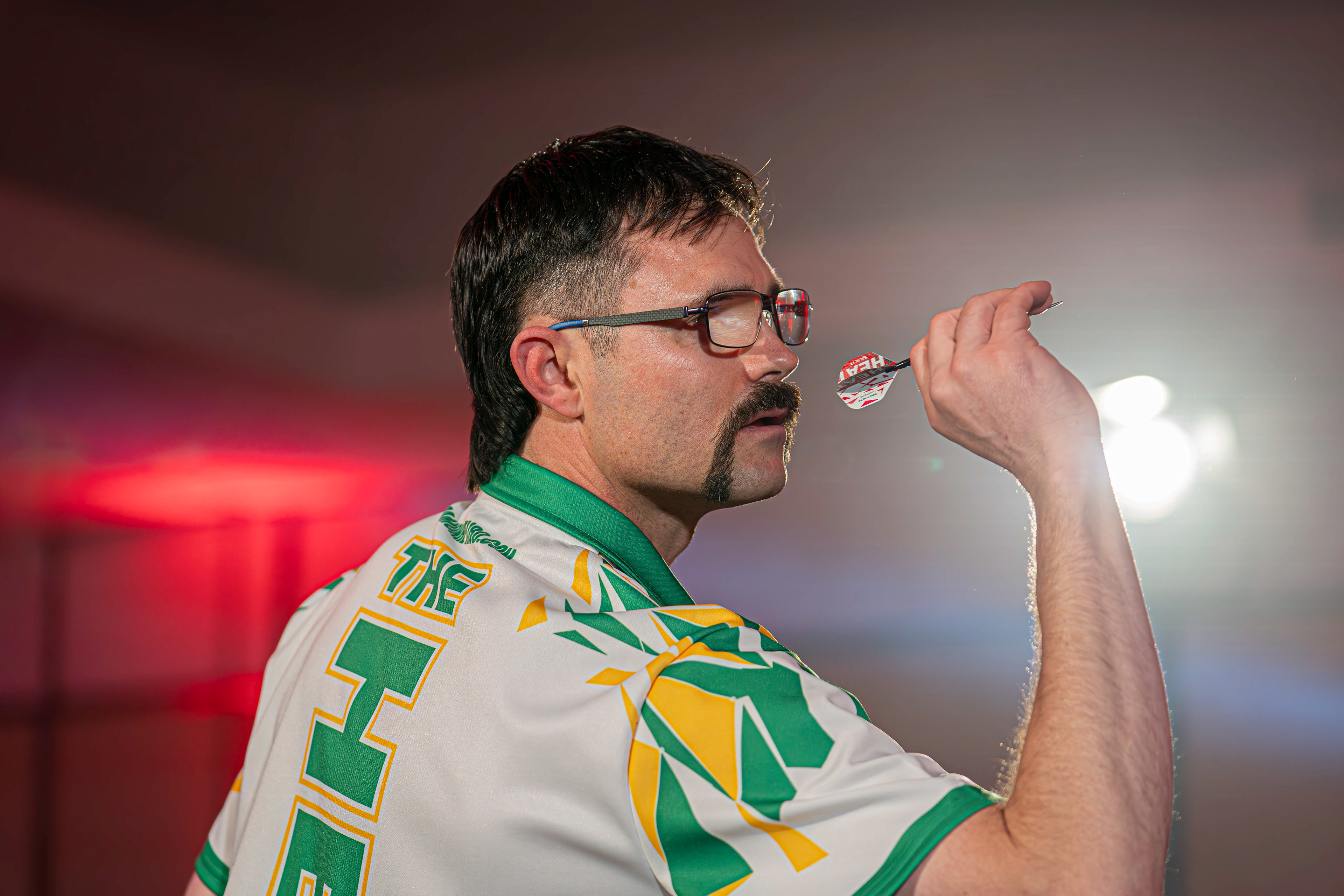 Damon Heta mid throw as he takes on Heyzy Darts at the Copthorne Hotel, Brierley Hill. 27/03/26