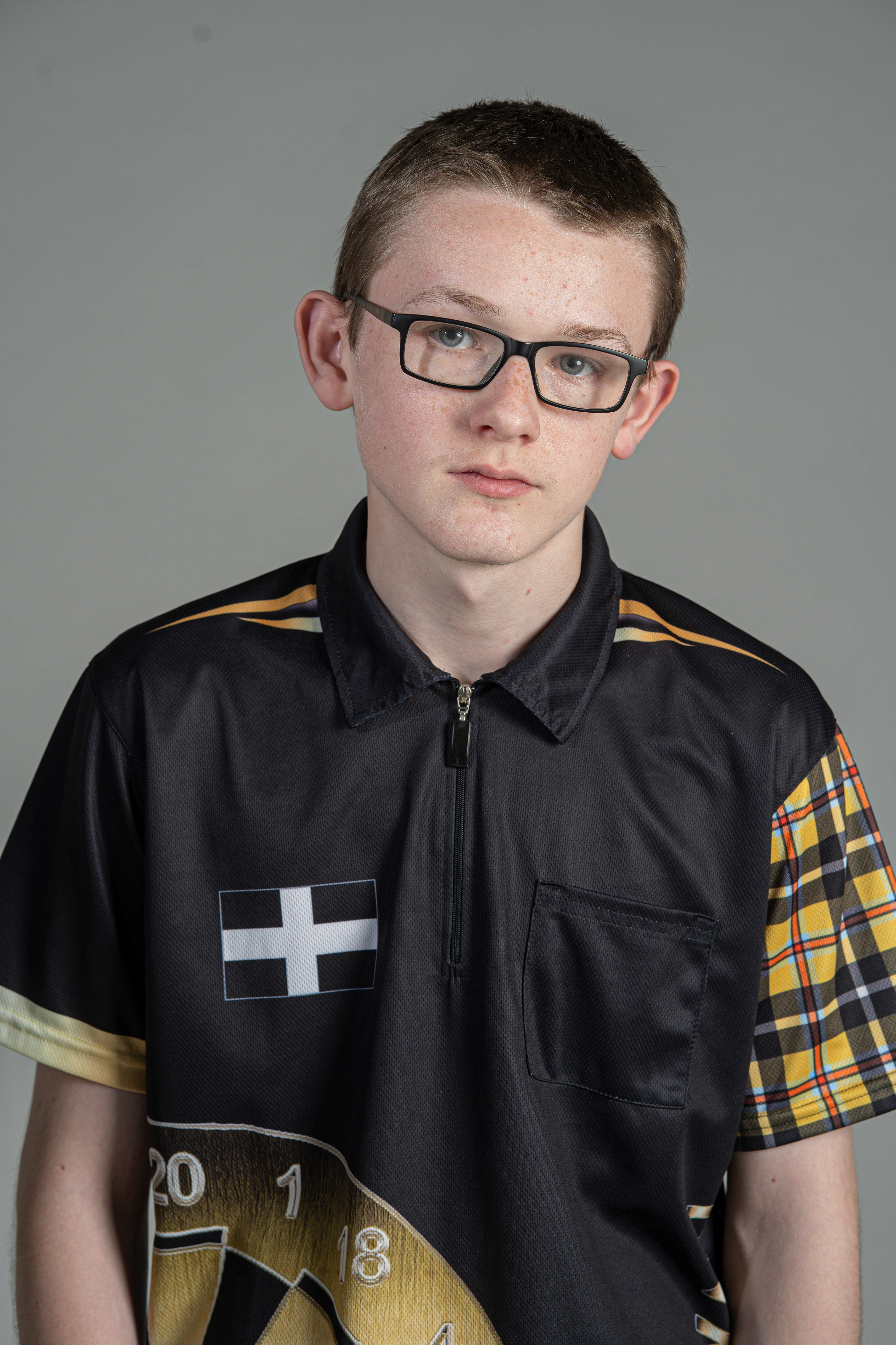 15-year-old darting wonderkid, Jack Nankervis, wearing his county playing shirt for when he represents Cornwall, in Studio 3 at Falmouth University. 14th April 2026