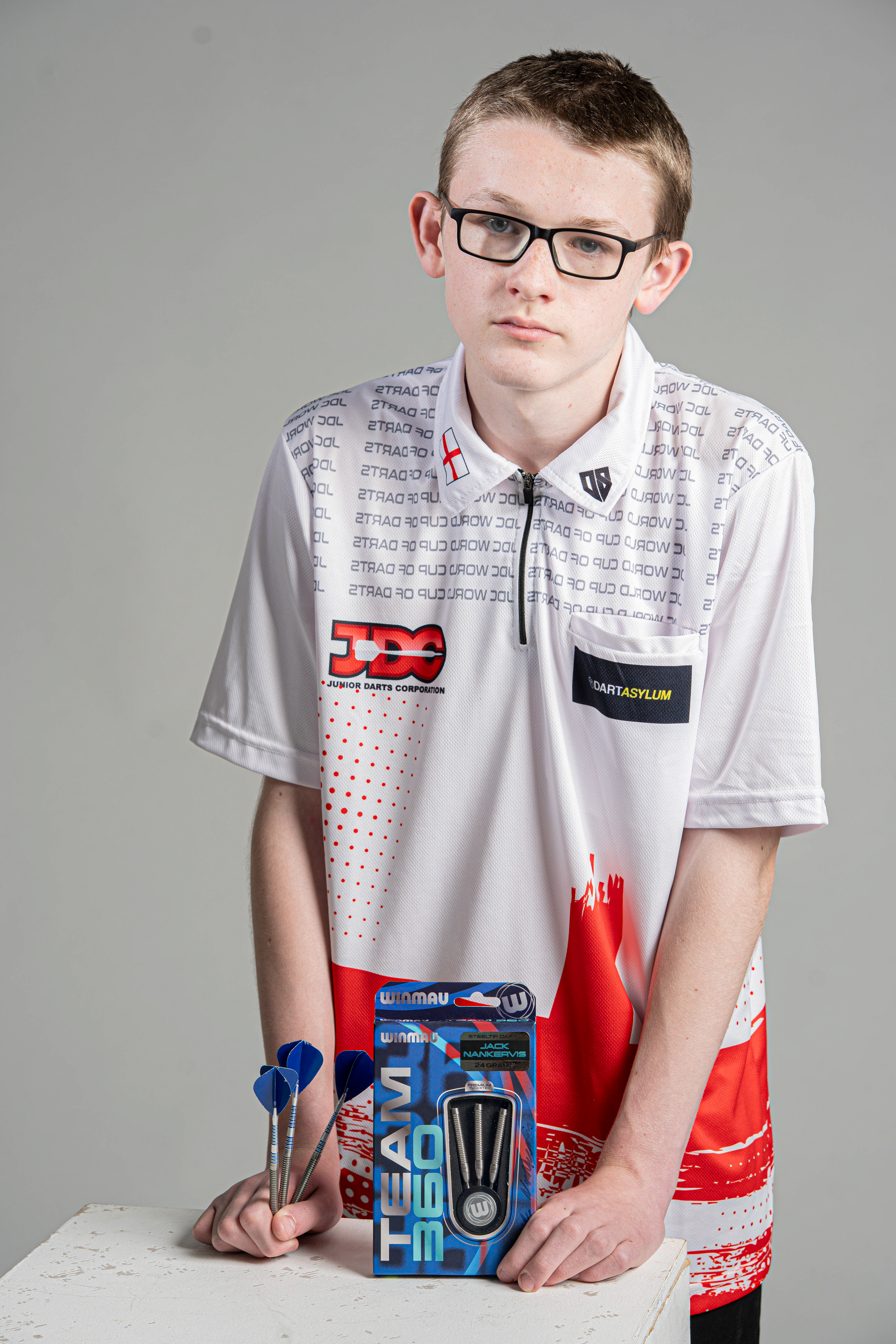 15-year-old darting wonderkid, Jack Nankervis, posing with his own custom-made darts by Winmau in Studio 3 at Falmouth University. 14th April 2026