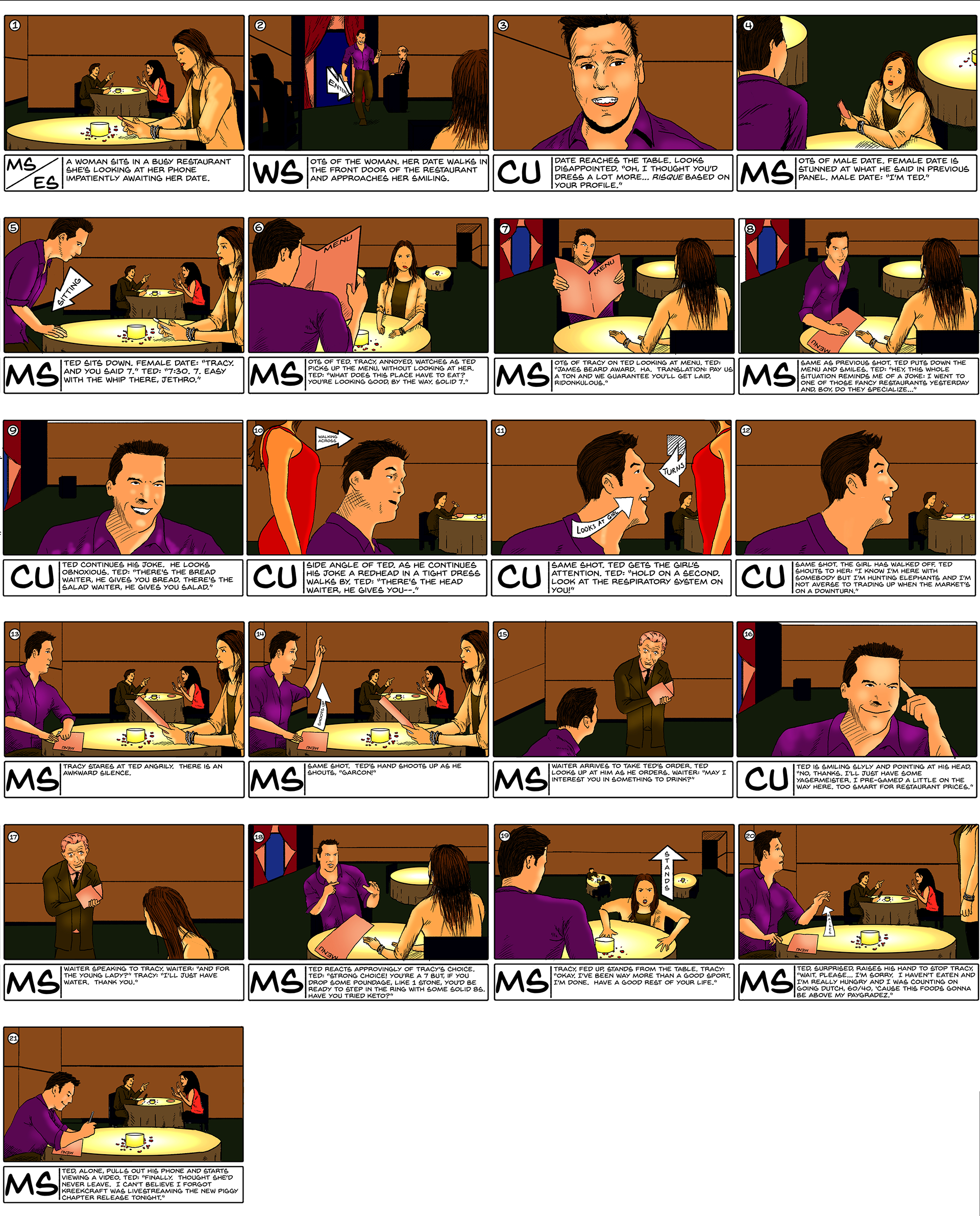 Storyboard created for a comedic first-date-gone-wrong scenario.