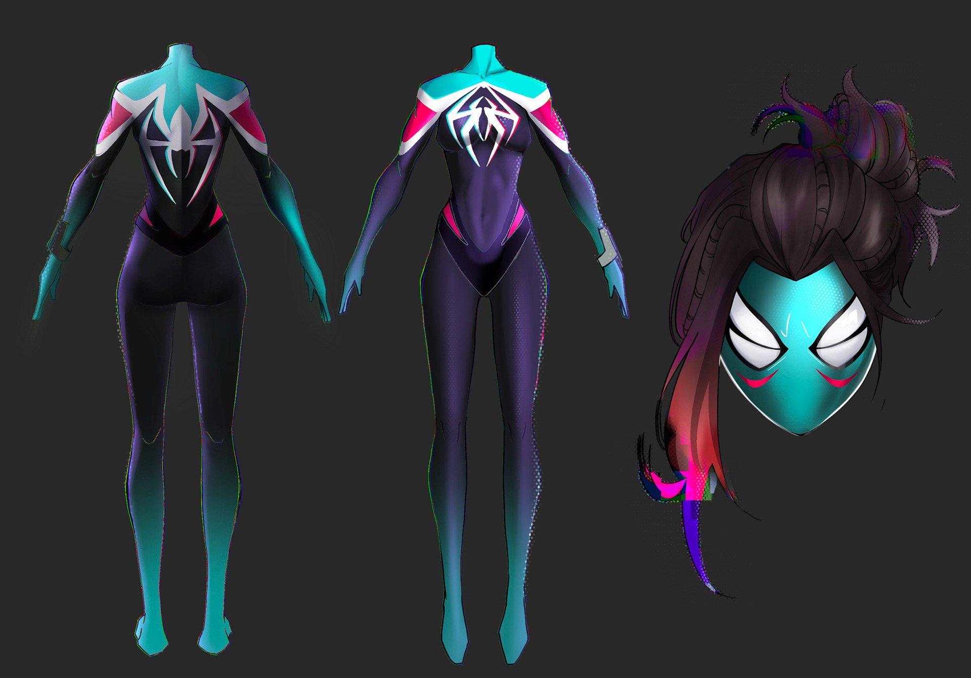 Spidersona - 2023 - This piece may look like it was done using a 3d Program, however, it was done entirely on procreate! I studied the female anatomy, and applied the shading on the costume of the character. I then worked on incorporating the spider-verse style on this character as well. Once I did that, I worked on a little turnaround of the character. 