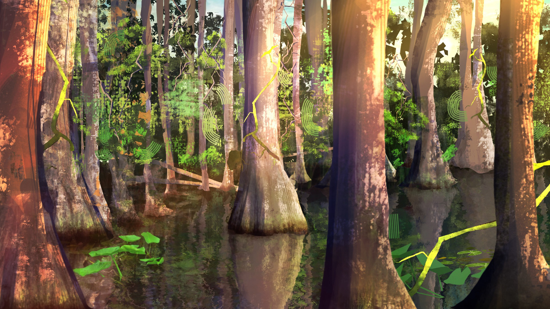 Savannah Swamp - 2024 - This is another illustration of a swamp in savannah. Once again, to experiment with texture to make the environment appear more alive. One thing I struggled with in this piece was depth, and not wanting to put too much detail that would make the piece muddy.