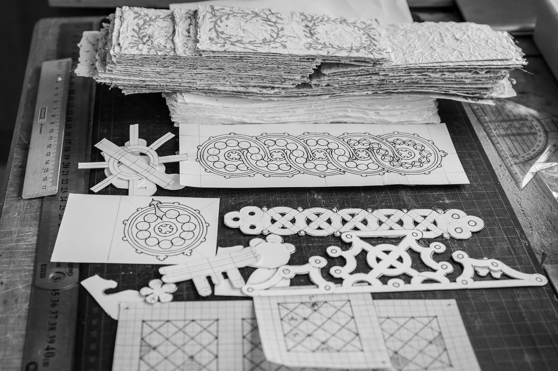 Cardboard templates used to make leather elements or interior decorations on the paper