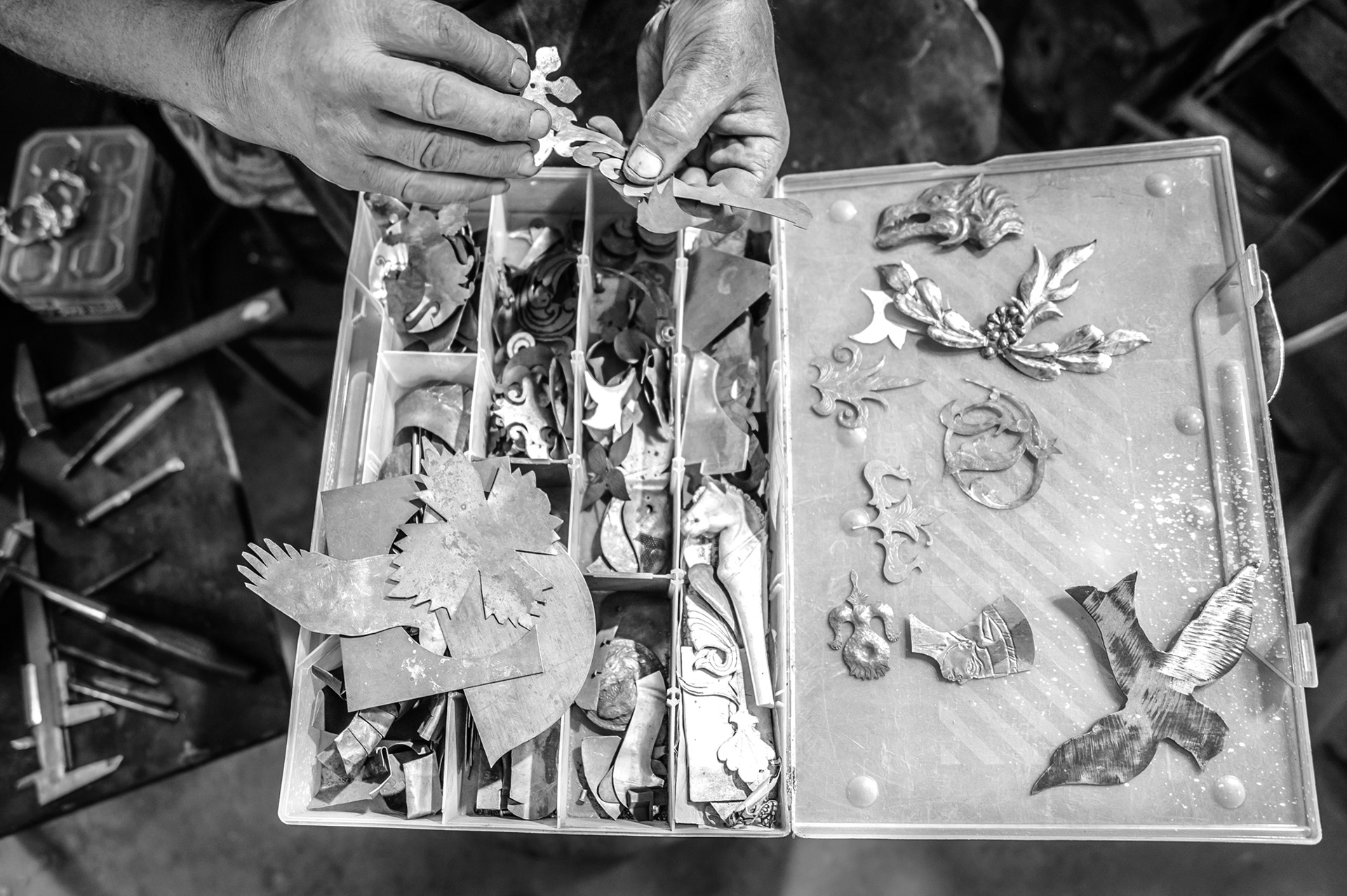 Copper foil stencils for decorative figurines. The next stage is hammering the relief.