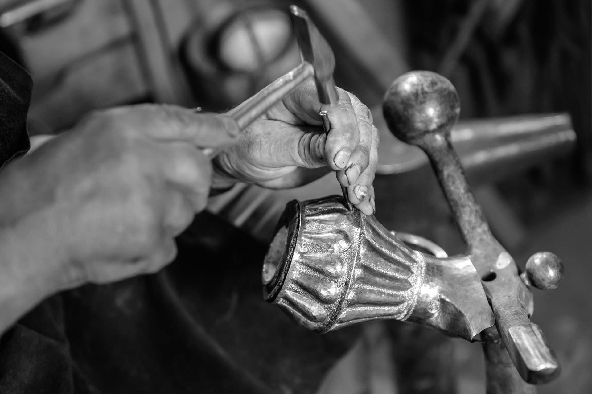 Hand relief hammering, a process of decorating a copper article