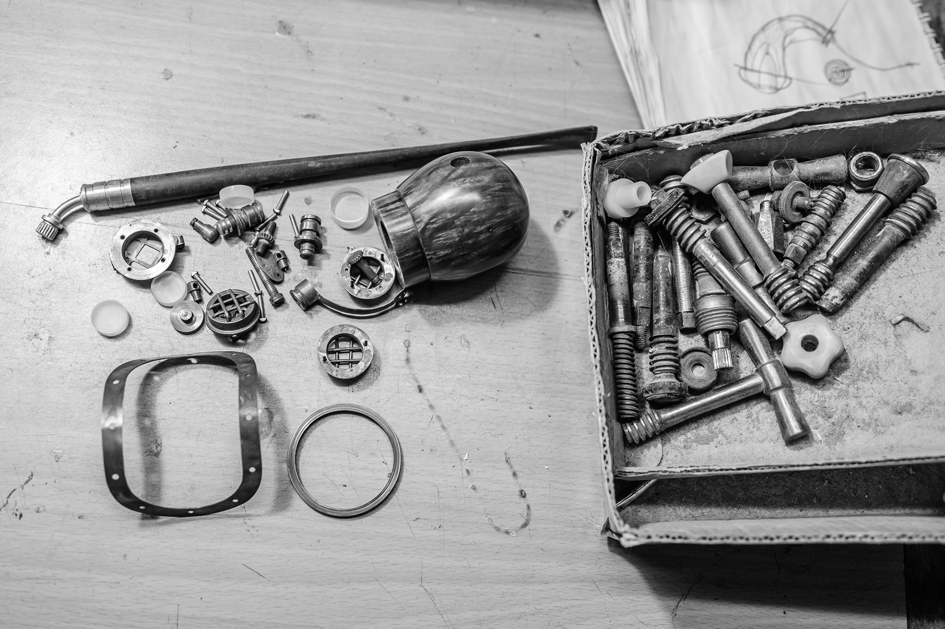 Spare parts for the tobacco pipe – a prototype of the iconic Mark V Normobaric Heavy Diving Helmet model made by Getz in 2018