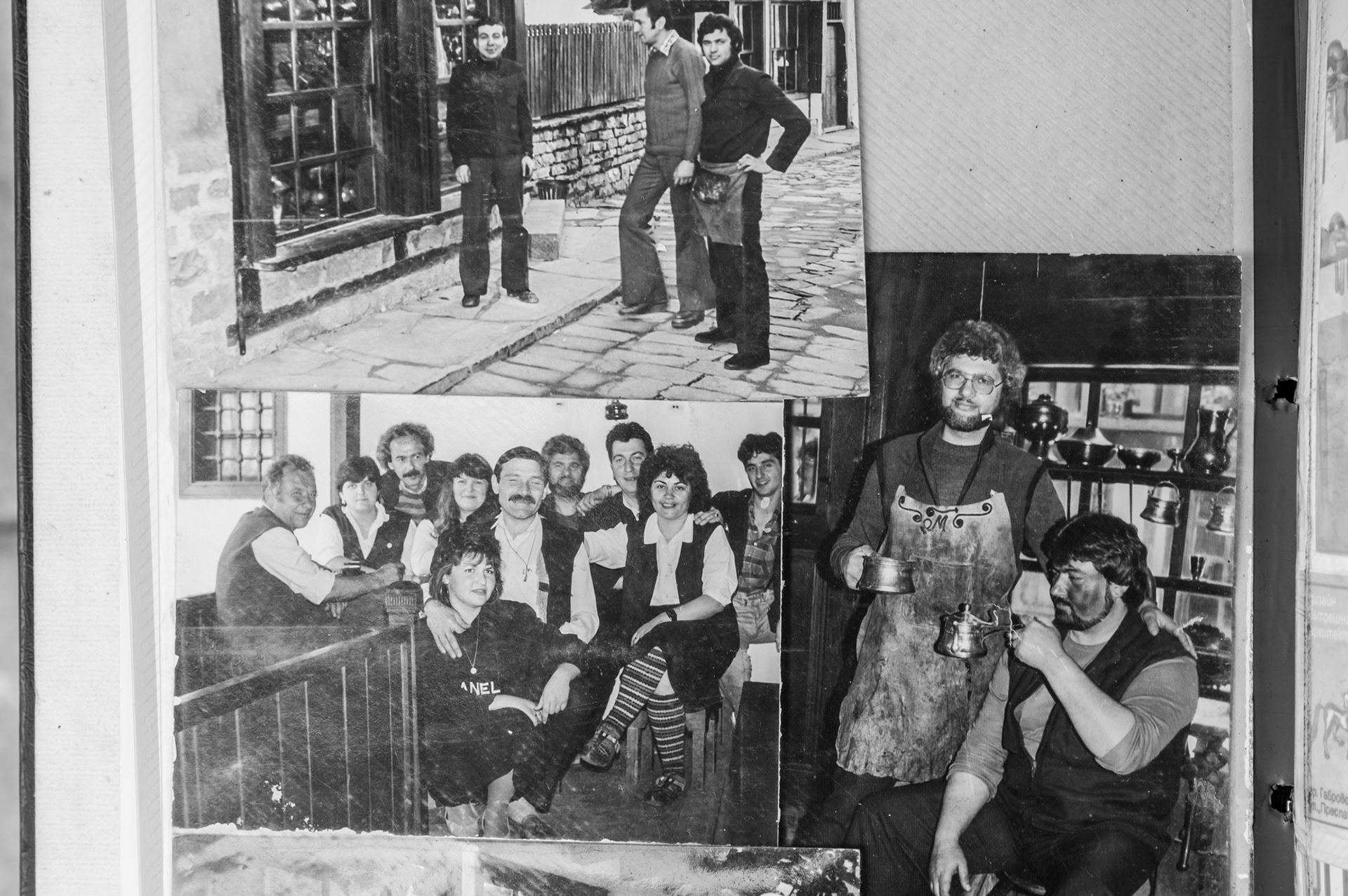 Photographs from Paunov's archival photo album showing his colleagues in the coppersmith's workshop and the masters in Etar Museum, 1980s