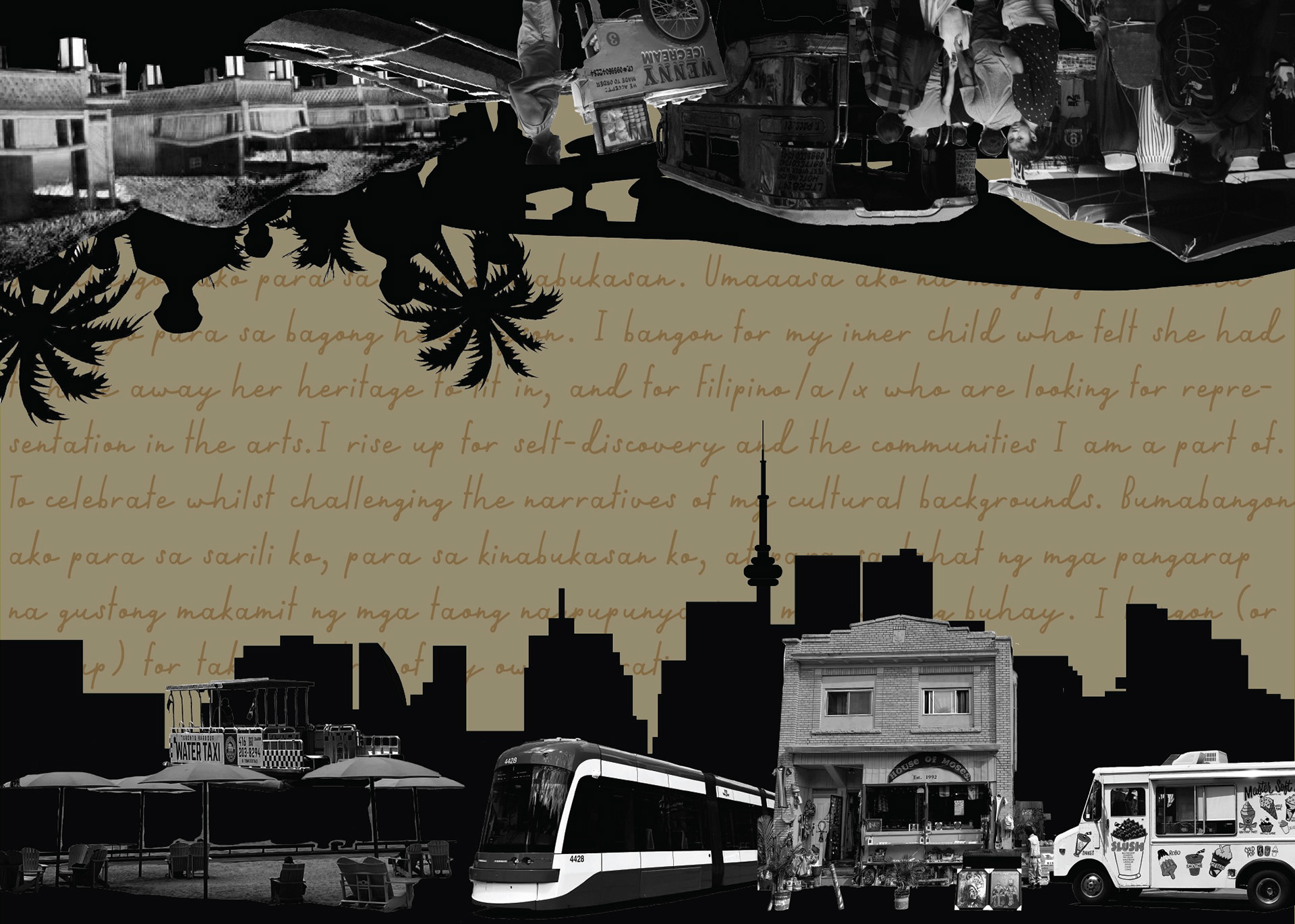 layout of monochrome photos under written responses for "what do you rise up for?"