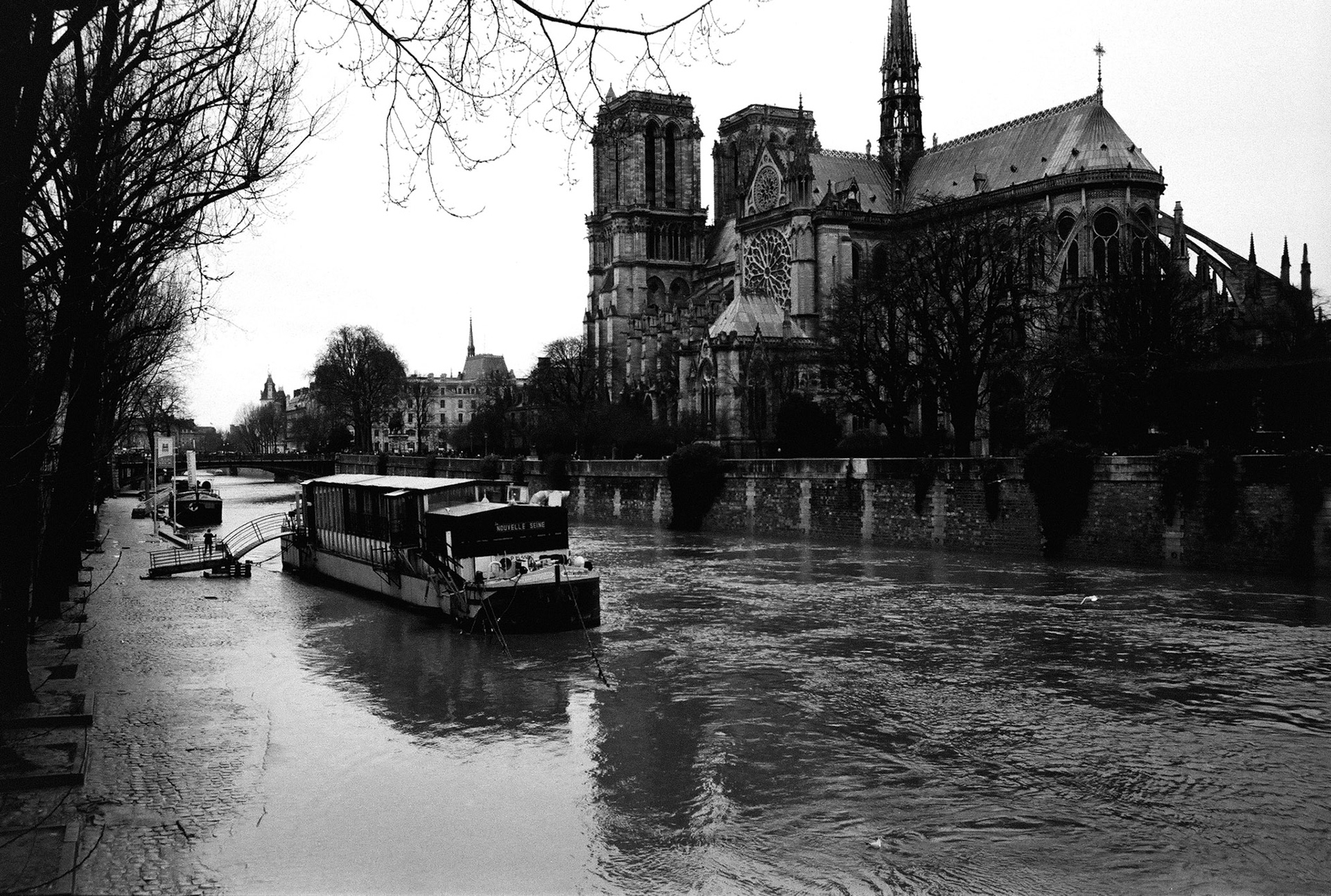 Notre dame et les péniches sur une Seine en crue…  Paris, le 15 février 2018. 