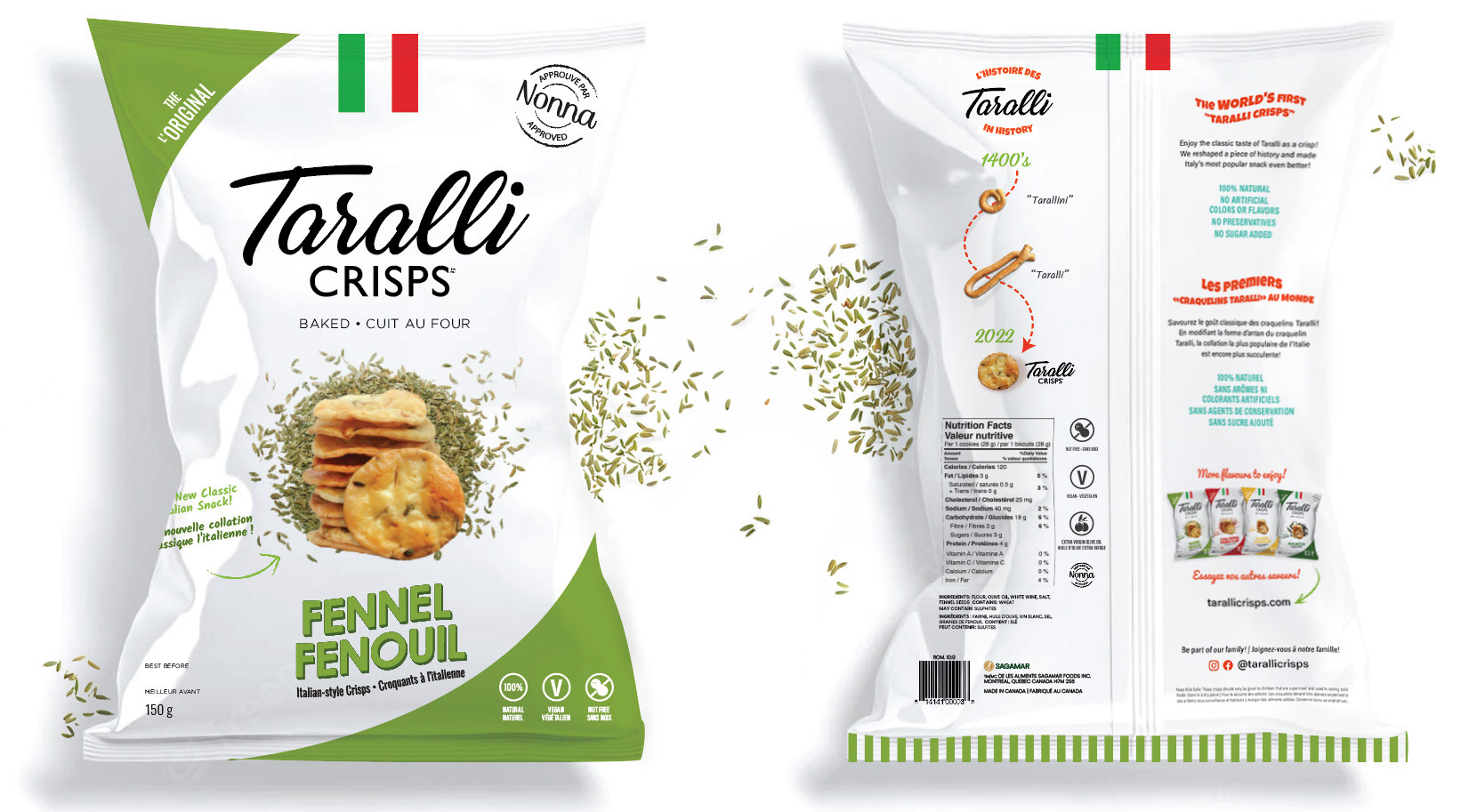 Taralli Crisps — naming, brand identity and bilingual packaging for a 700-year-old Italian snack, taken from concept to retail.