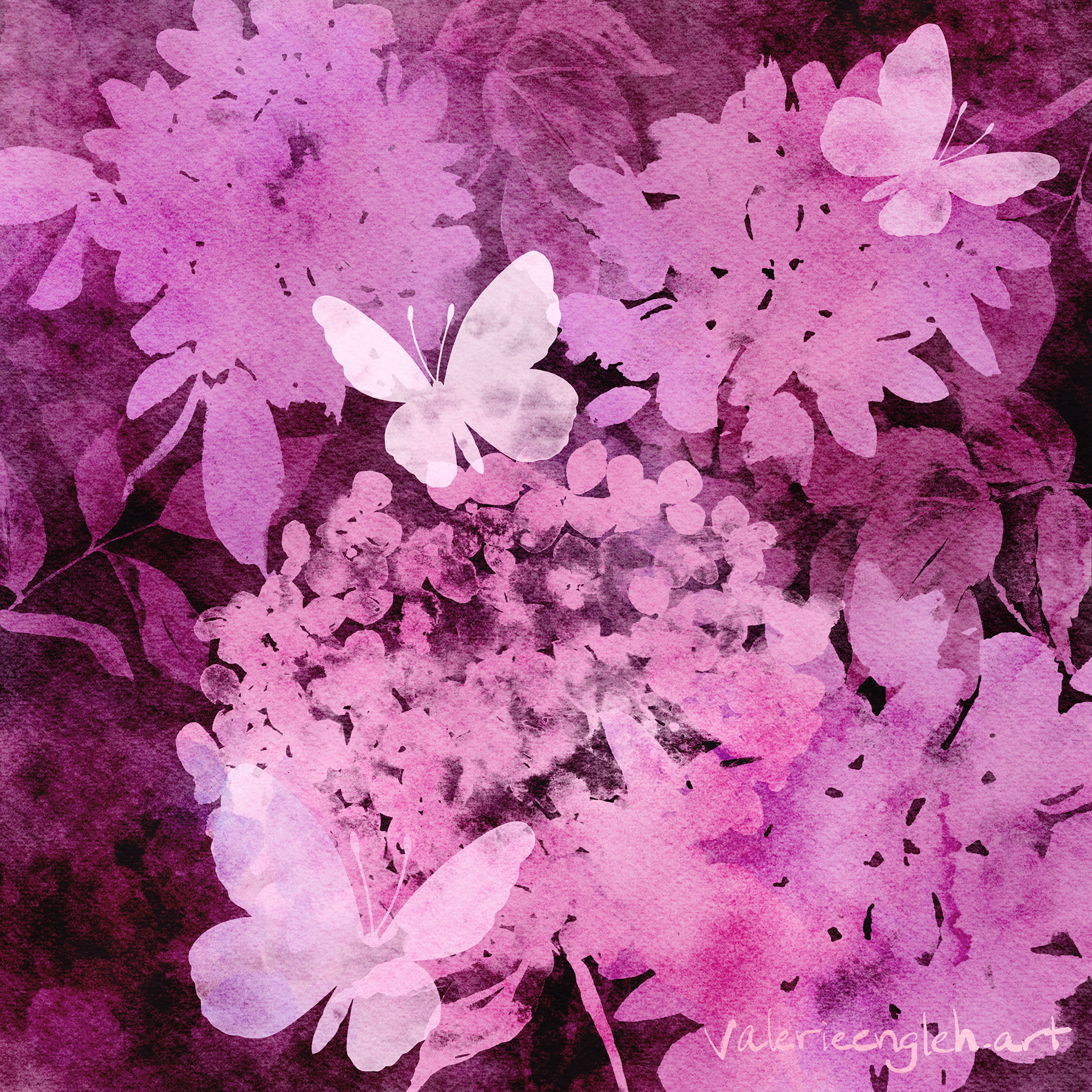 Butterflies and Hydrangeas Magenta