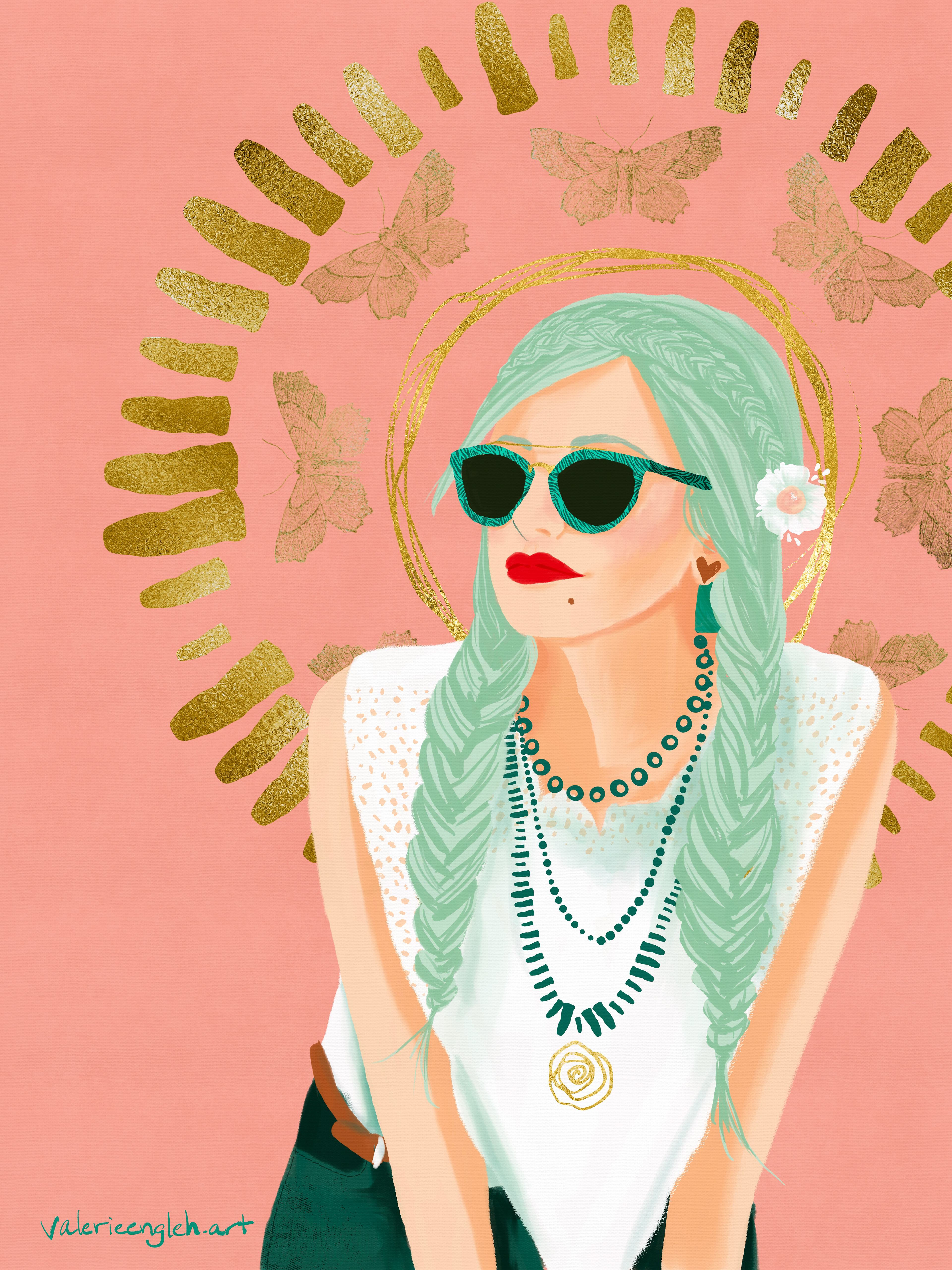 Bohemian Girl with Red Lipstick and Sunglasses