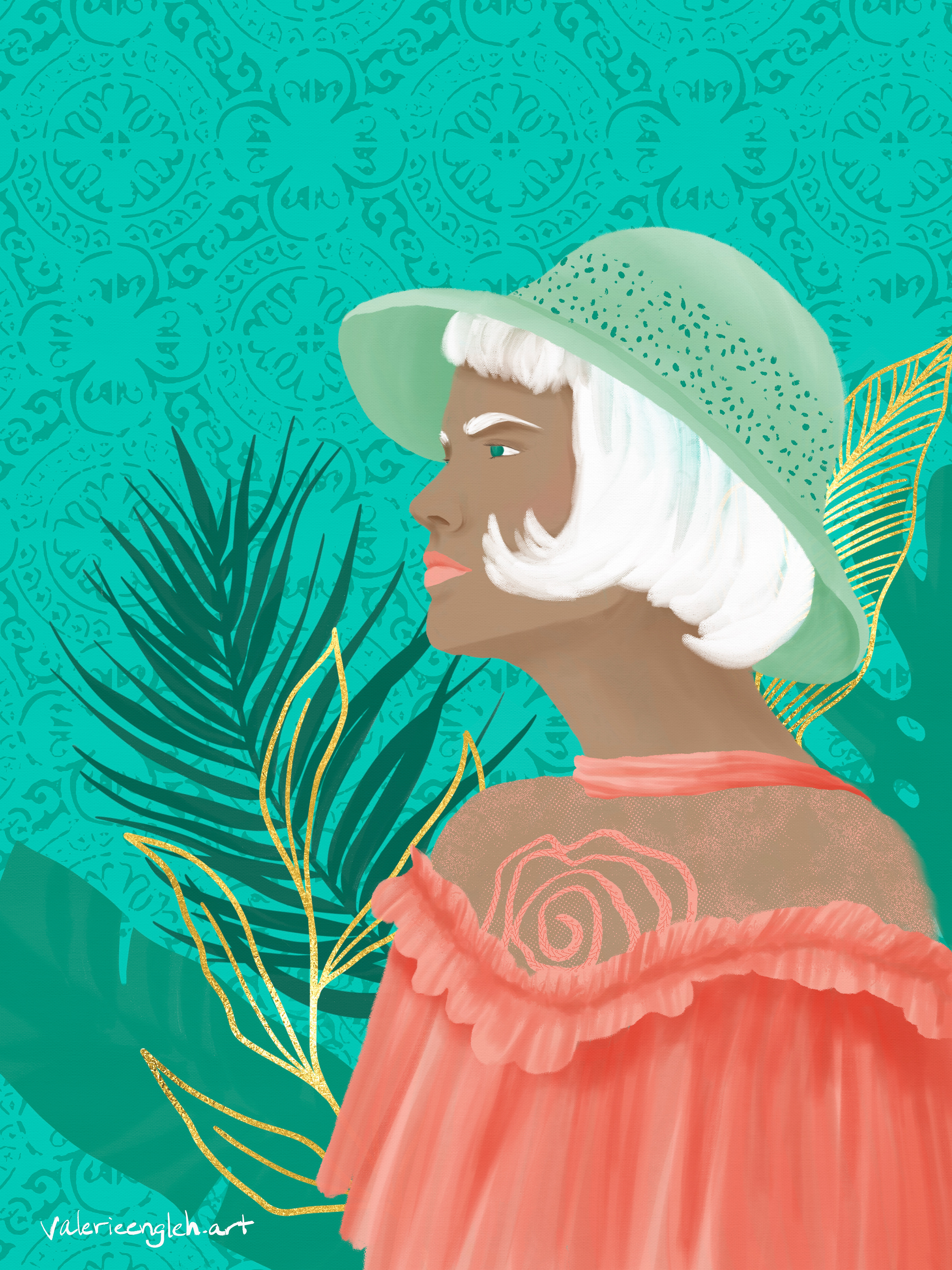 White Haired Woman with Tropical Foliage