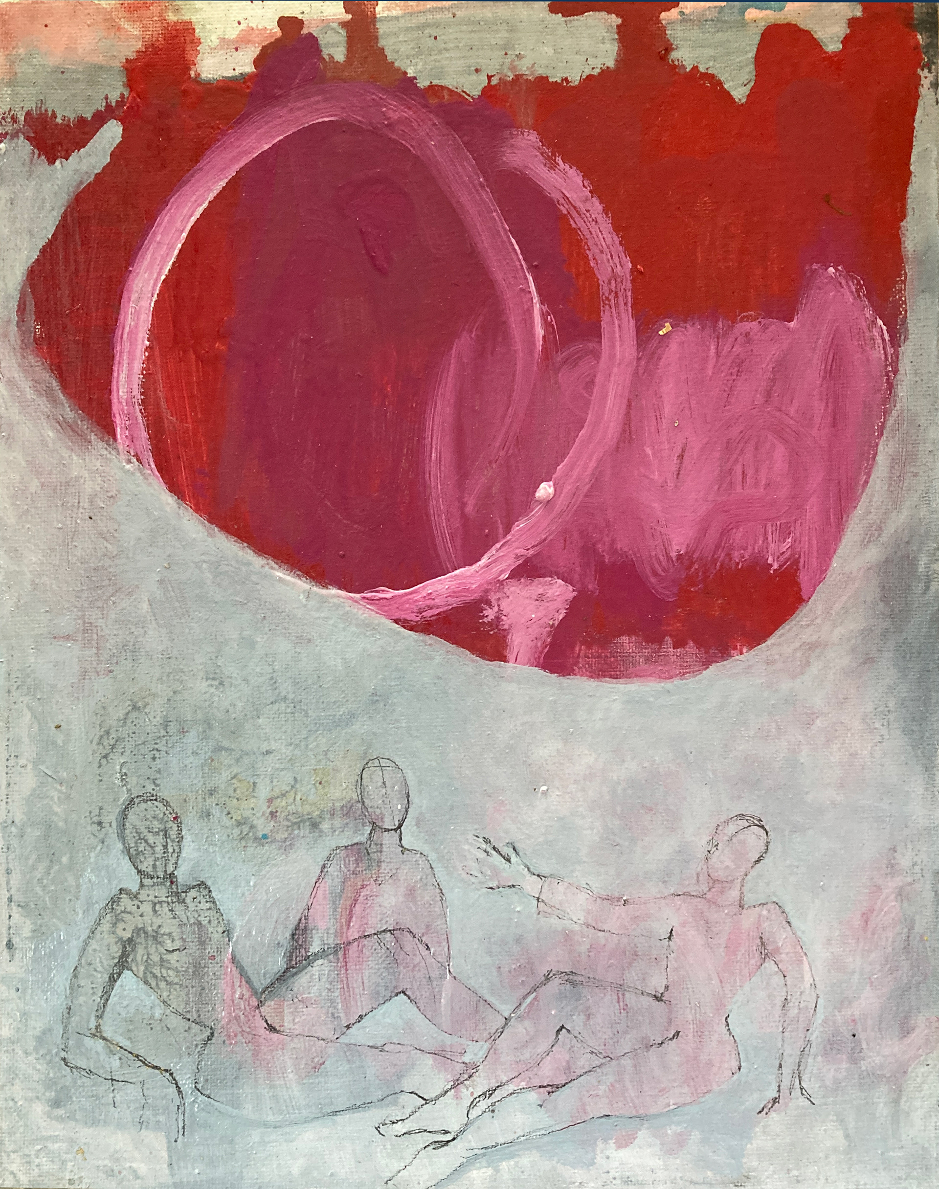 «Vera, Hermann und Nick», gouache and oil on canvas, 30x24 cm, 2025