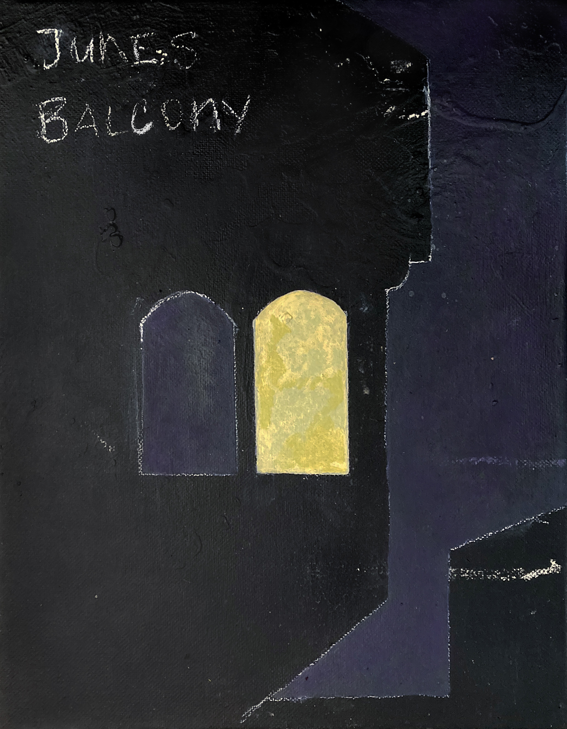 «Junes Balcony», gouache and chalk on canvas, 30x24 cm, 2025