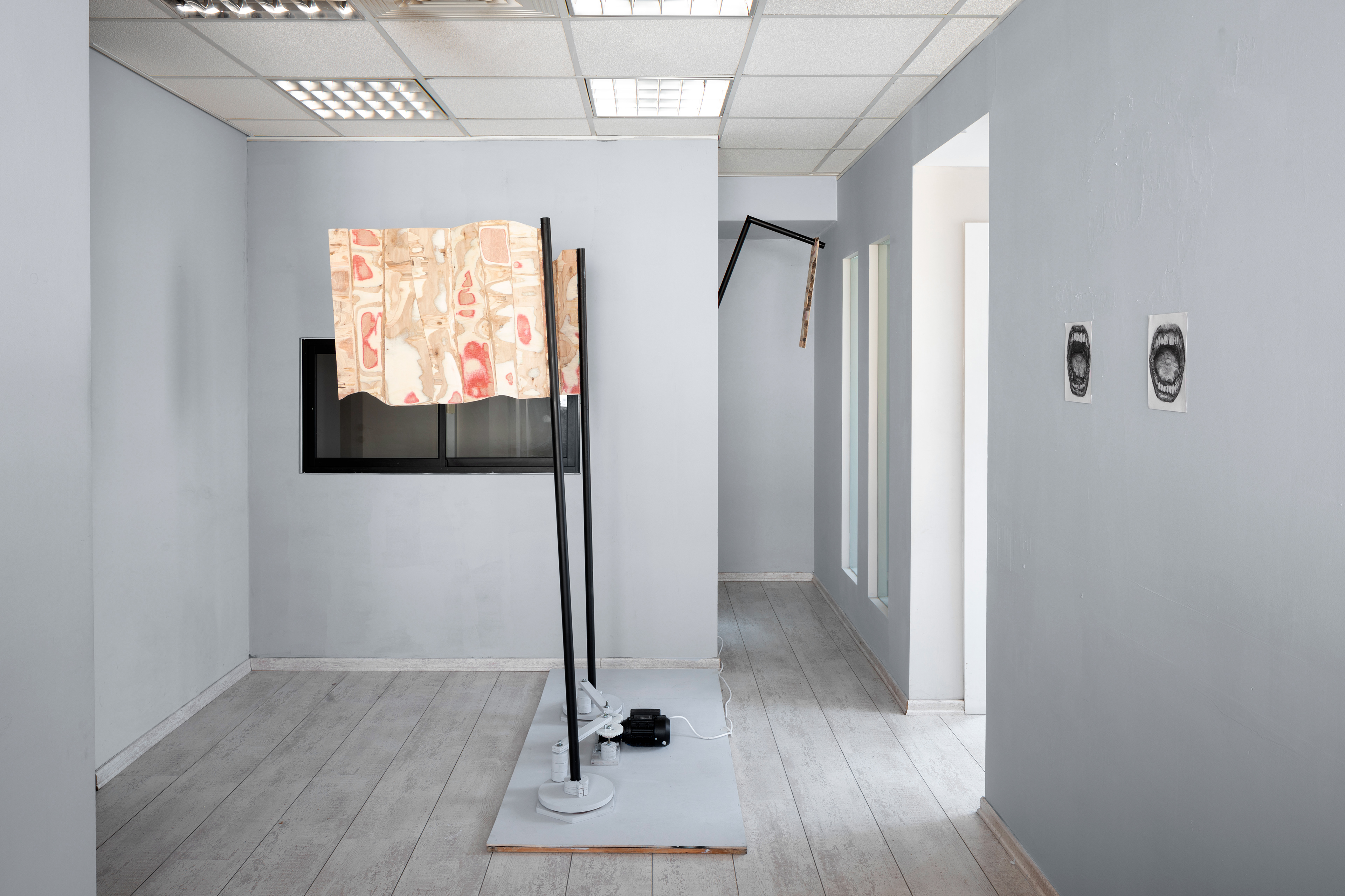iron, wood, electric motor, charcoal drawings, 200 cm