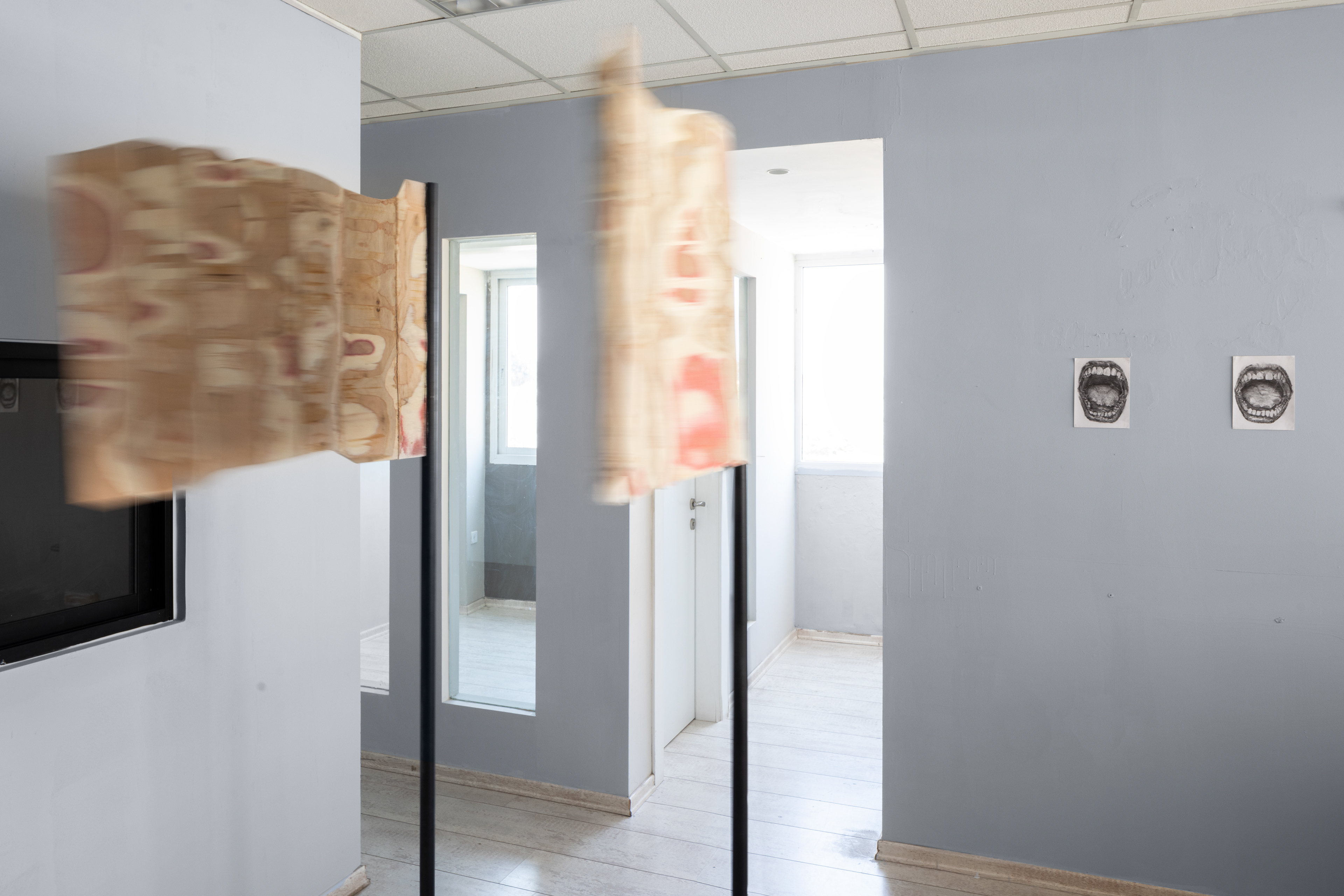 iron, wood, electric motor, charcoal drawings, 200 cm