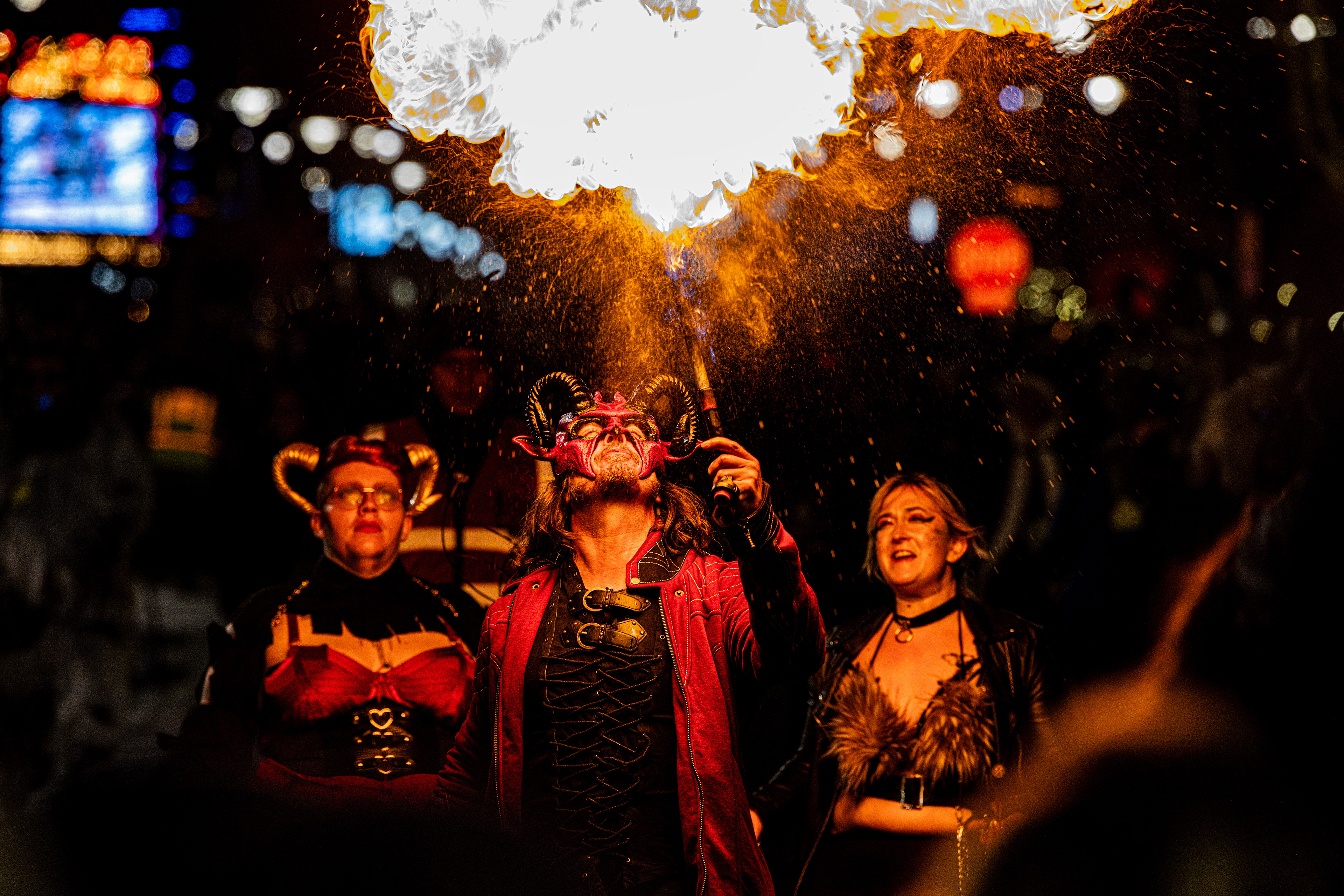 Fire breathing in a city parade