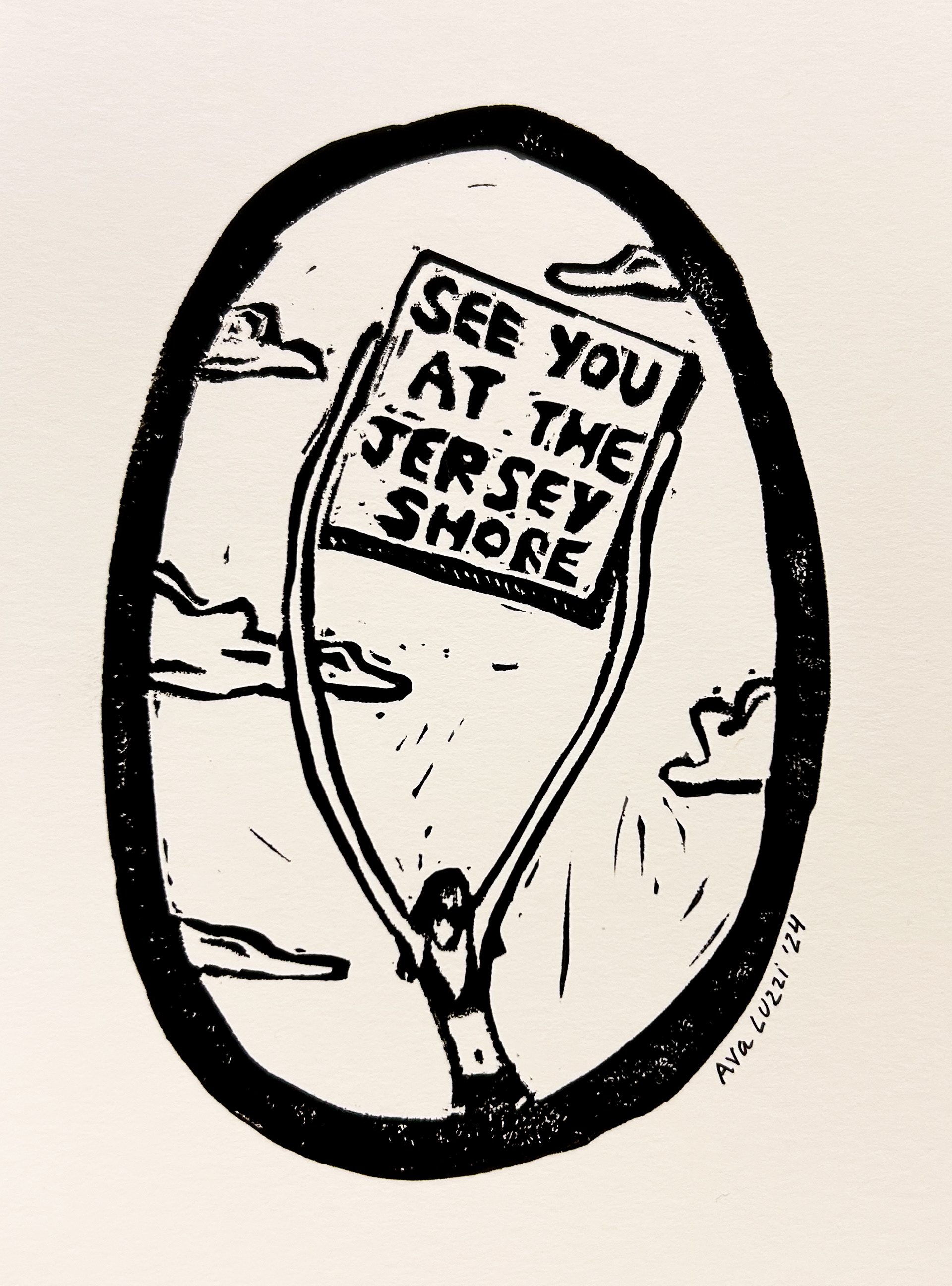 SEE YOU AT THE JERSEY SHORE, Linocut Print, 6 X 4 Inches, $18.