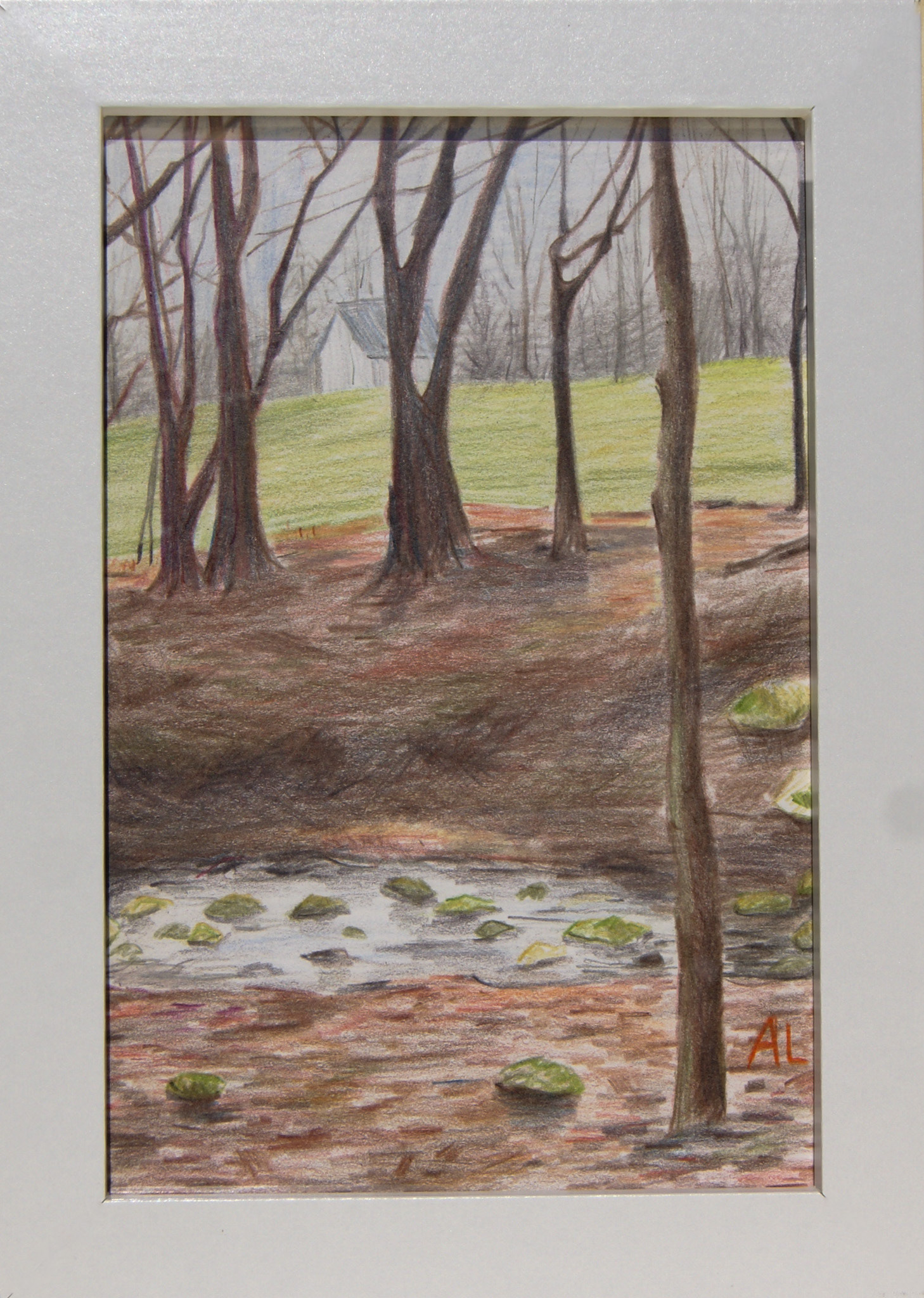 Litchfield Stream, 6 X 4 Inches (7.9 x 5.7 Inches with frame), Colored Pencil on Paper, $43 with Frame