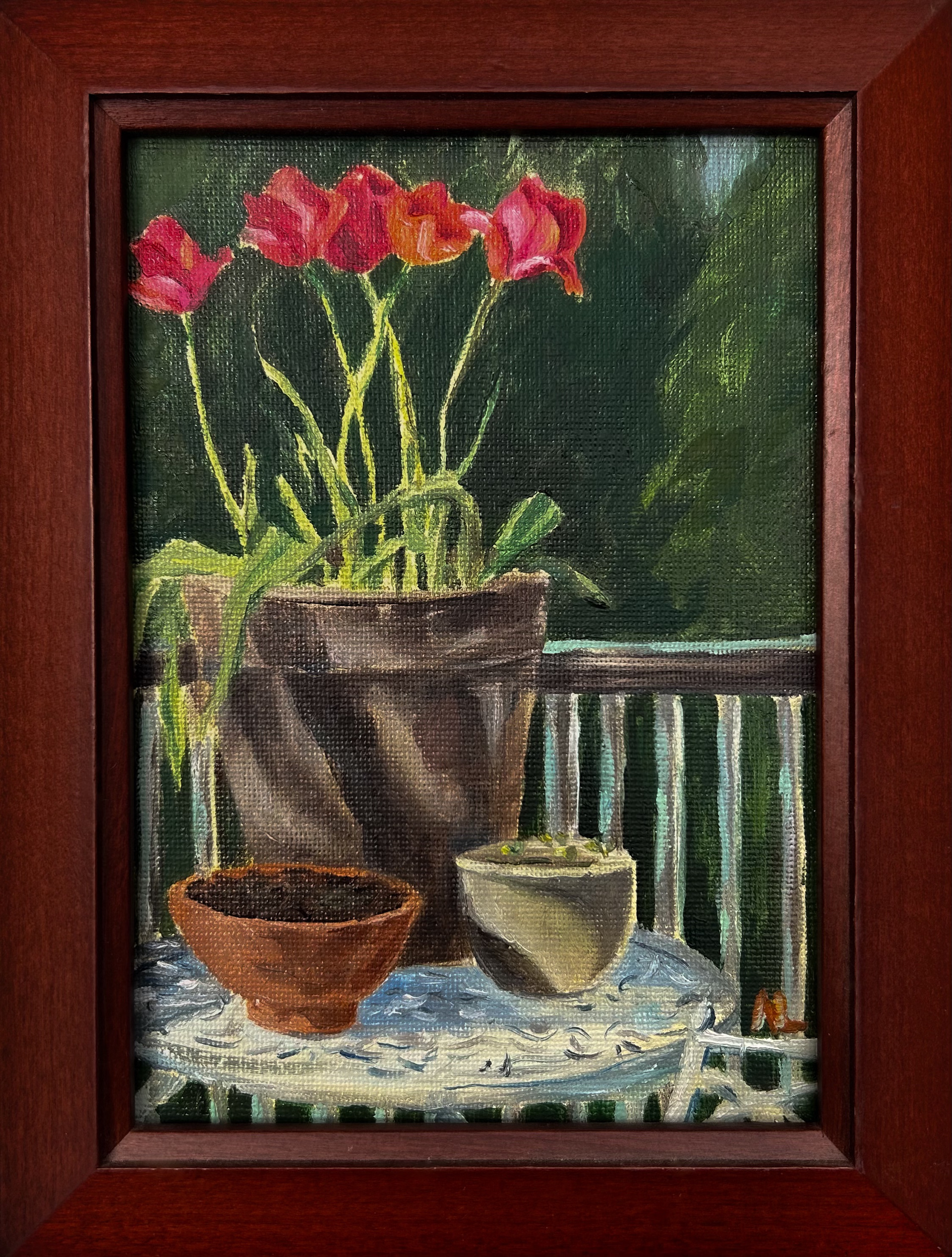 Back Porch Pots, April 22, 2024, Oil on Canvas, 6 X 4 Inches, $125