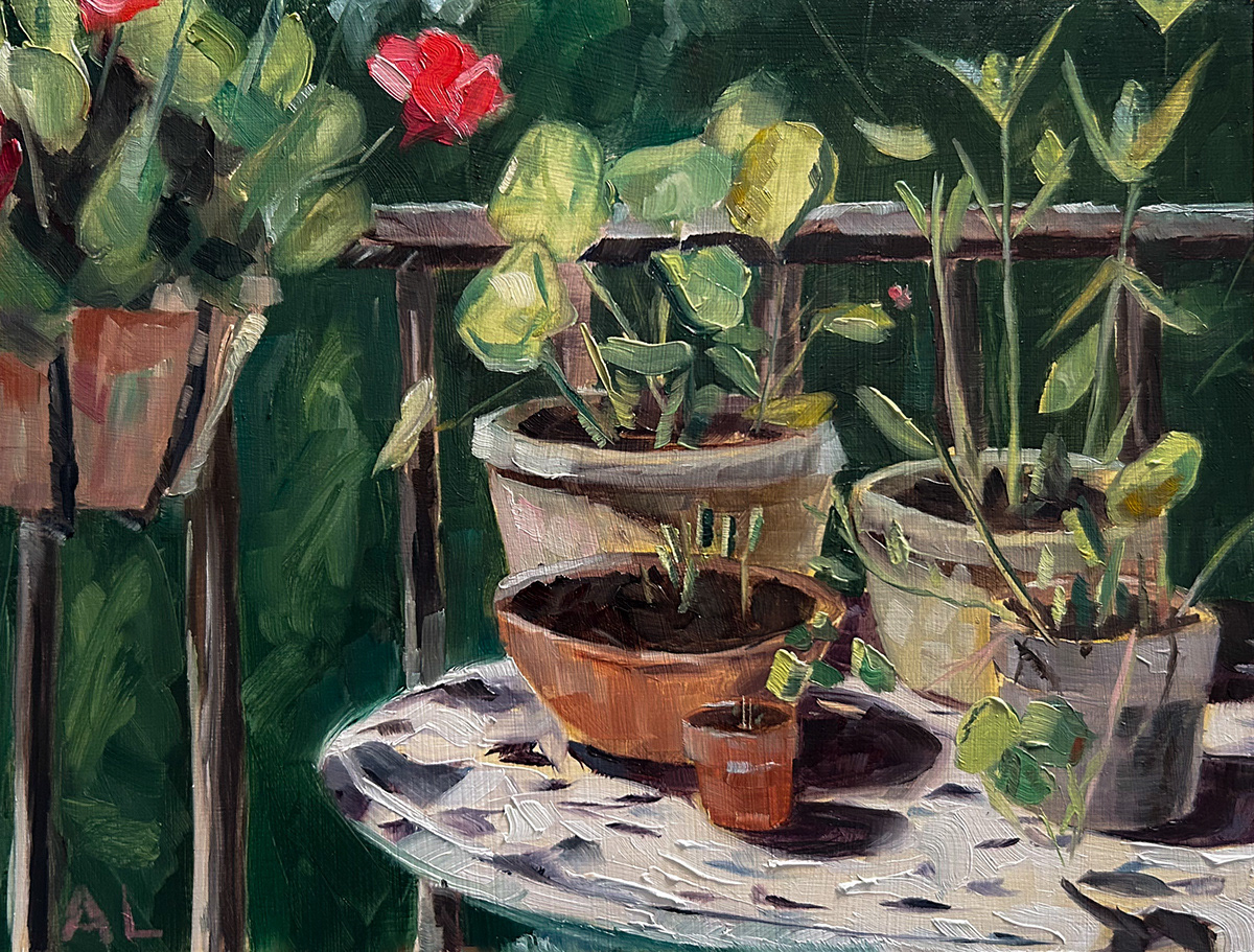 Backyard Potted Flowers, Oil on Wood, May 21, 2024, $130