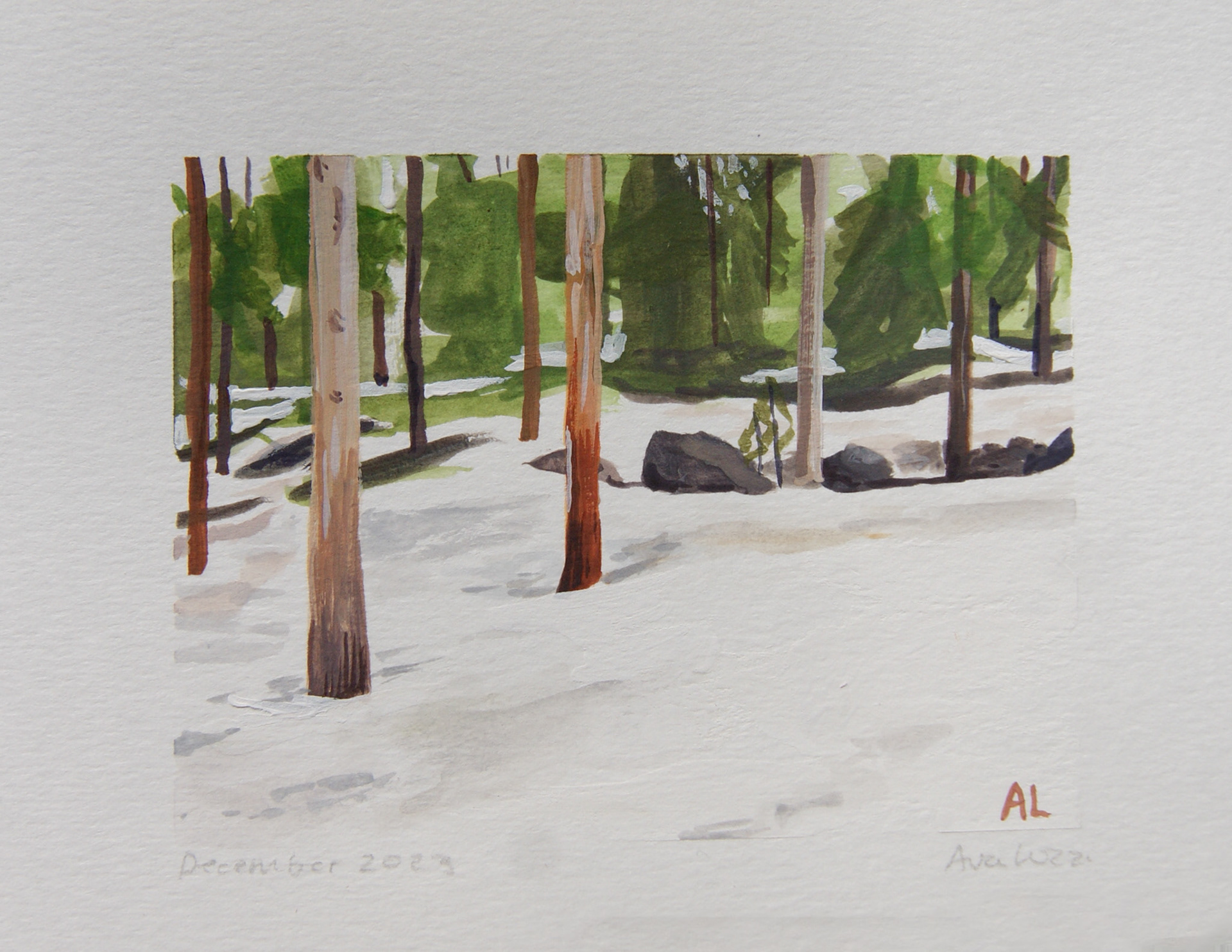 Snowy Treescape, 5 X 4 Inches, Gouache on Paper, $32