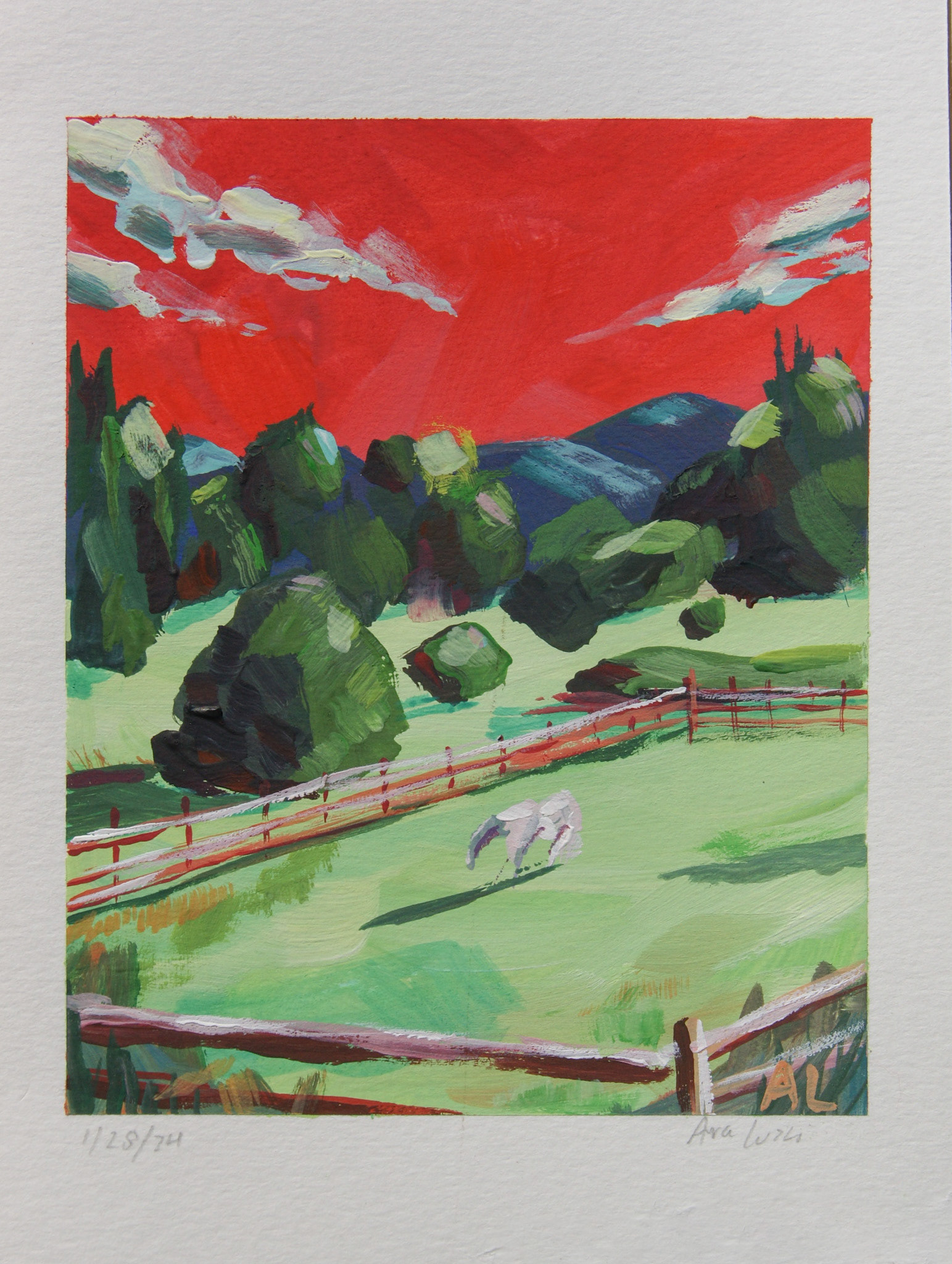 Aspen Farm (red), 7 X 5 Inches, Gouache on Paper, $32