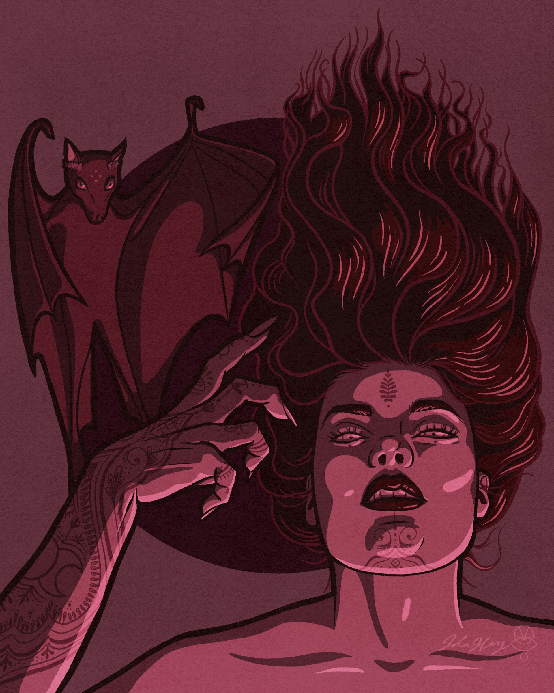 Witch & Bat Familiar (upside-down)