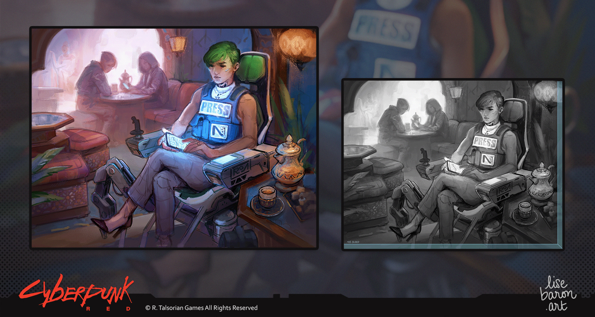 Work in progress sheet of the digital painting of Destiny Hondel from Cyberpunk RED which is the topmost picture. On the left the color composition of the painting. On the right, the same image in black and white to check the values. The painting represents a TV-ready journalist woman sitting cross-legged in her cyberchair in a warm lit turkish café, typing on her smartphone while hiding her screen from potentially dangerous onlookers