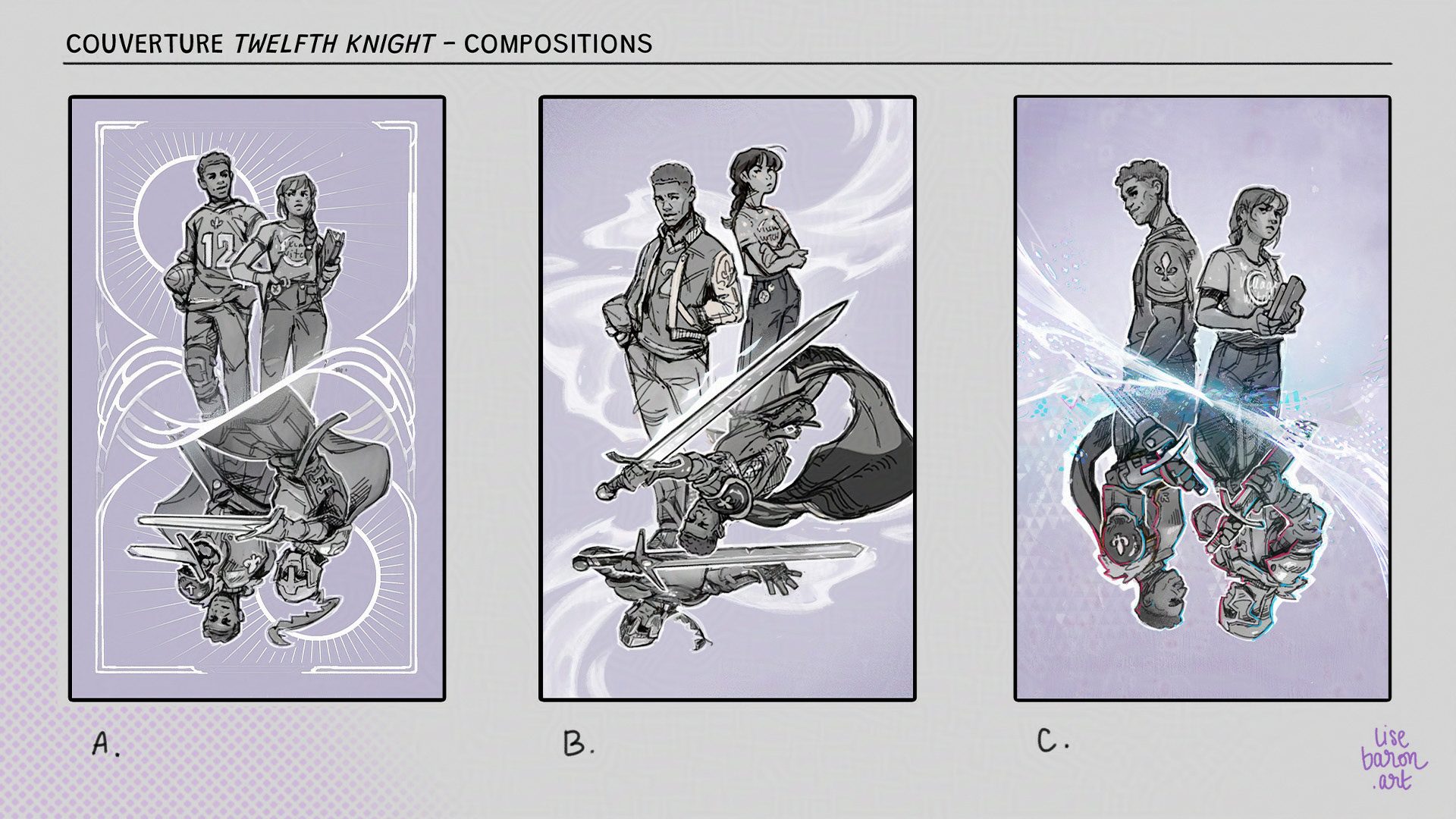 Process sheet for the Twelfth Knight book cover - 3 sketchy composition propositions