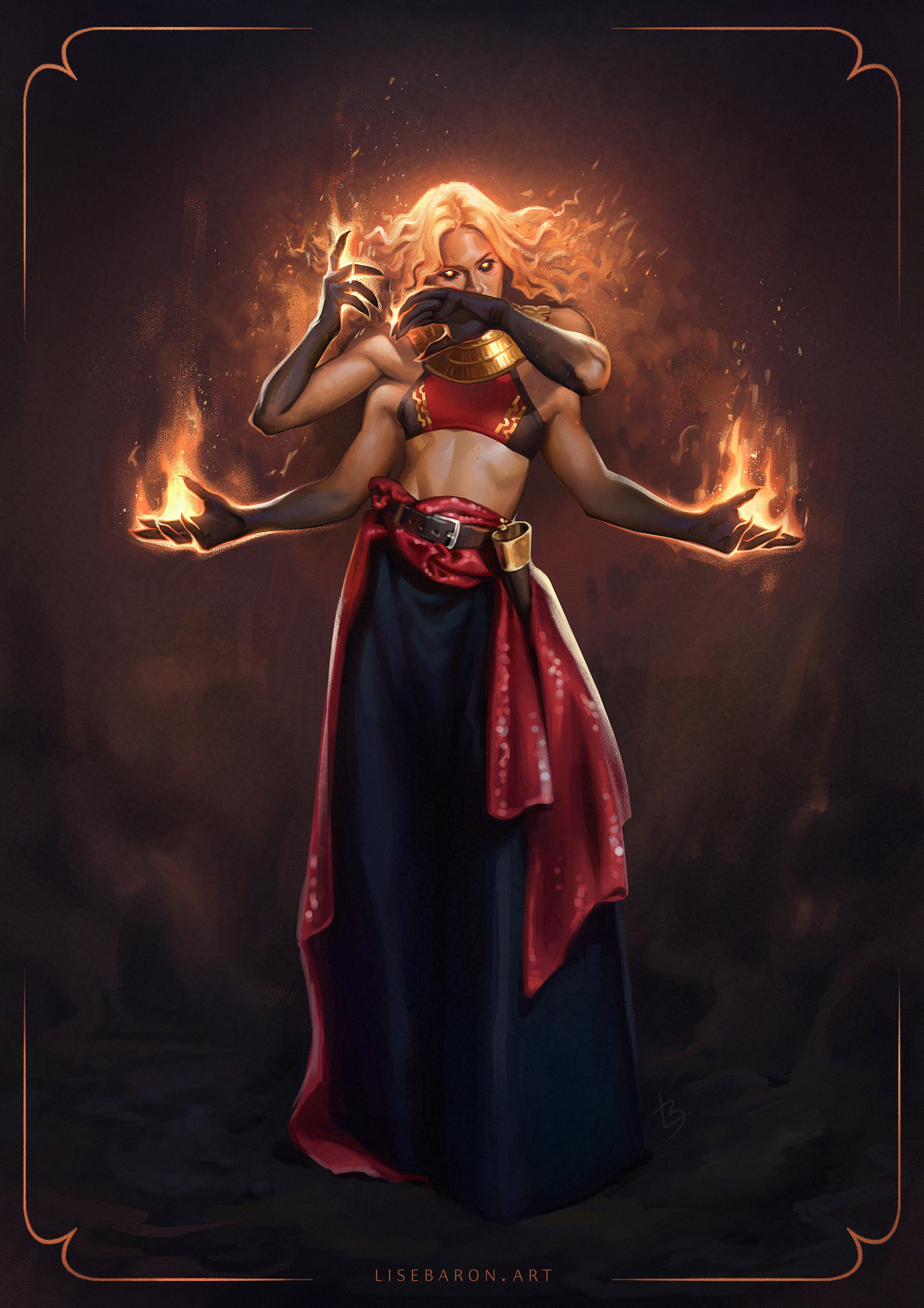 Digital painting of a dangerous looking four-fire-casting-armed woman with flaming curly hair, standing strong and menacingly looking at the viewer, eyes dark black pools with fiery pupils. She’s wearing red & black with golden accents: wide full length dark pants and a long red silk sash around her waist falling to the ground and kept in place with a leather belt; a cropped halter top layered with a broad golden ushek-like necklace leaves room for her two sets of shoulders to move freely. Painted by illustrator Lise Baron for Grafit Studio’s “heroes & villains” art contest.