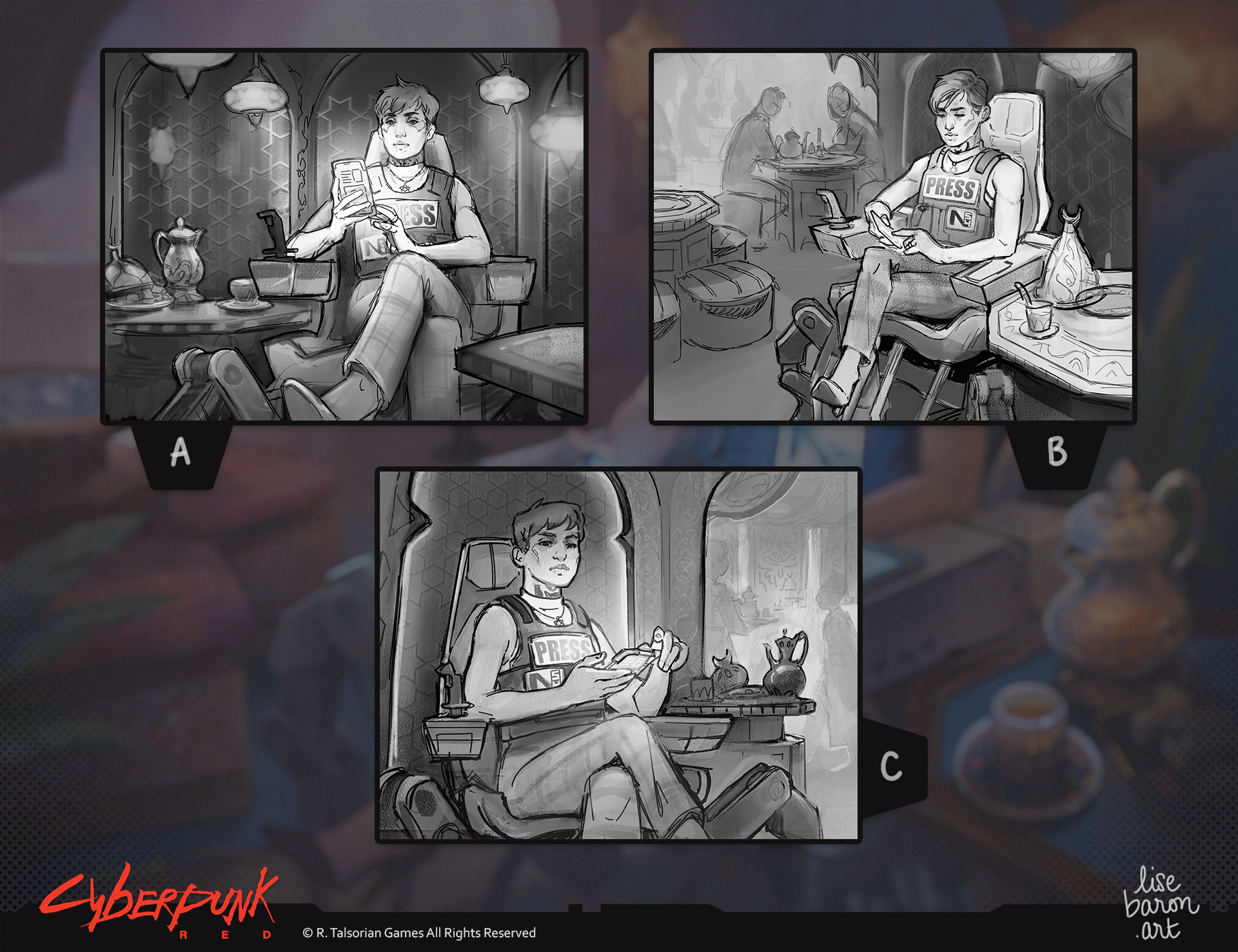 Work in progress sheet of the digital painting of Destiny Hondel from Cyberpunk RED, which is the topmost image. 3 sketches exploring a variation of poses and viewpoints for Destiny, in the confine of the same brief. The sketches represent a TV-ready journalist woman sitting cross-legged in her cyberchair in a warm lit turkish café, typing on her smartphone while hiding her screen from potentially dangerous onlookers