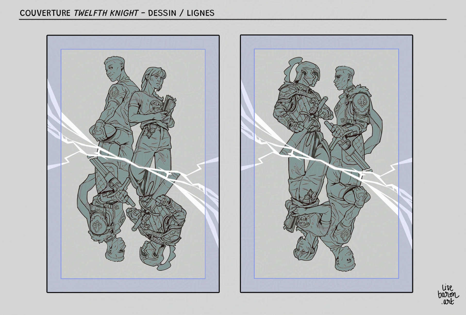 Process sheet for the Twelfth Knight book cover - clean line work