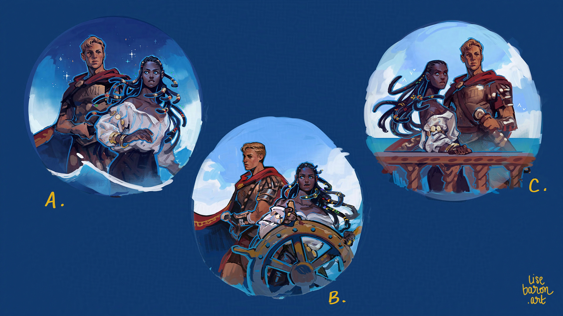 sketches for the cover art of the pocket version of Danielle L. Jensen's Dark Shores for Bragelonne Editions. Sketches by Illustrator Lise Baron