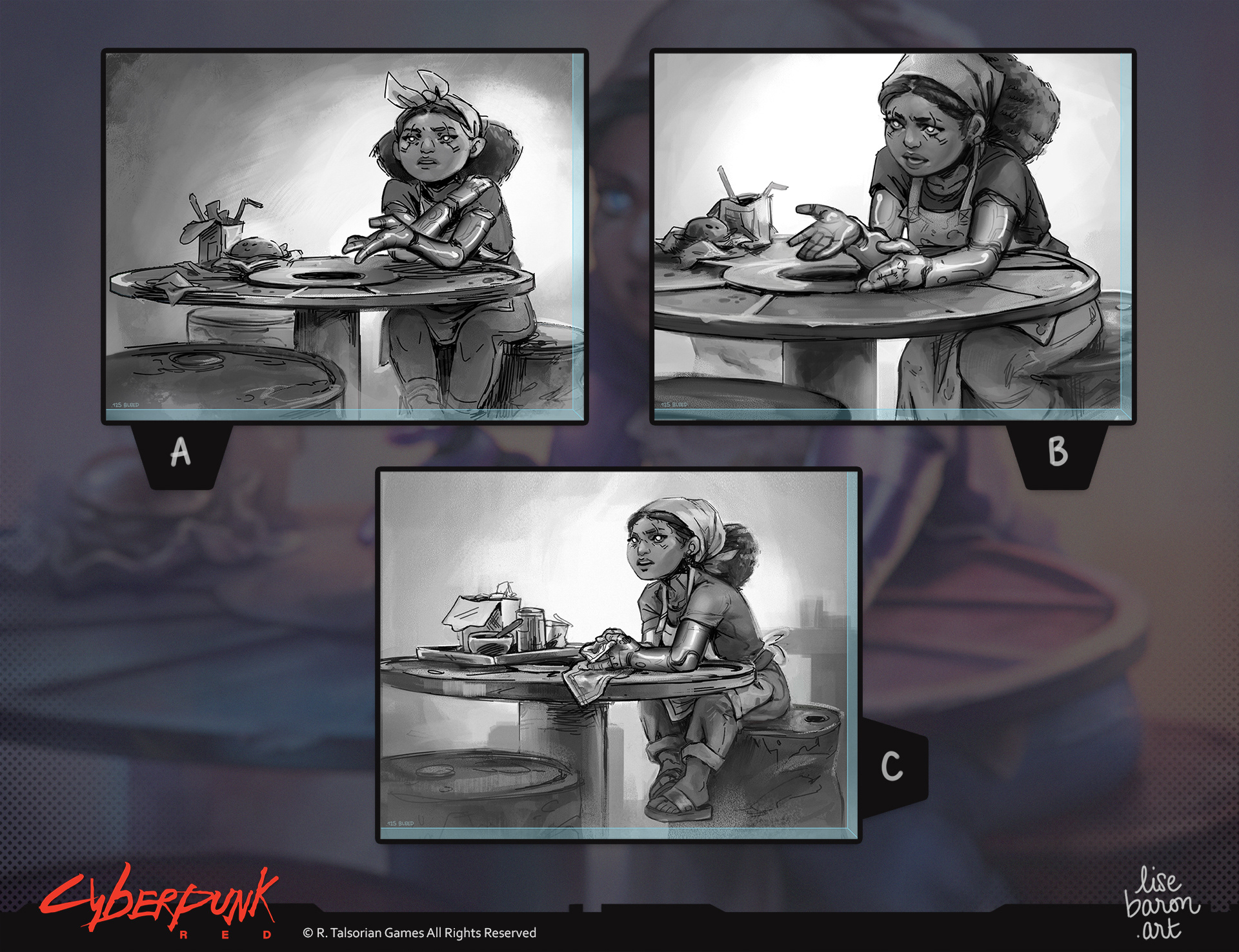 Work in progress sheet of the digital painting Meeting Carri (first image). 3 sketches exploring a variation of poses and expressions for Carri, in the confine of the same brief. The sketches represent a small woman wearing a food stained apron and kerchief, leaning on makeshift table with a worried face as she’s talking to someone off camera.