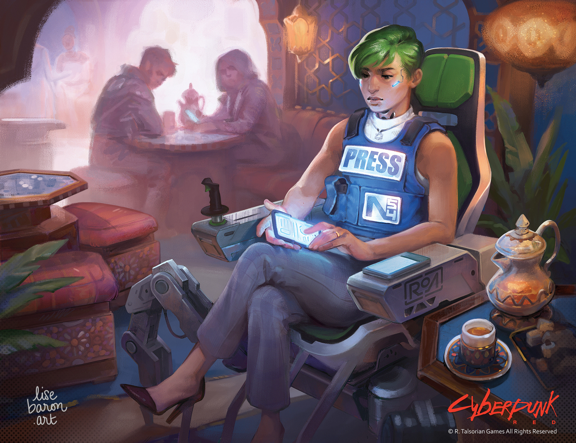 Digital Painting for Cyberpunk RED. Portrait of a journalist with a short bright green pixie cut, sitting crossed legged in her cyberchair in a warm colored turkish café. She looks TV-ready dressed, wearing smart grey pants, stilettos, and a white sleeveless shirt under her blue reporter bulletproof vest, on which are strapped the words 'PRESS' and 'N54'. She's typing on her agent 'a smartphone), hiding her screen from other people, especially those two too-curious onlookers in the background..