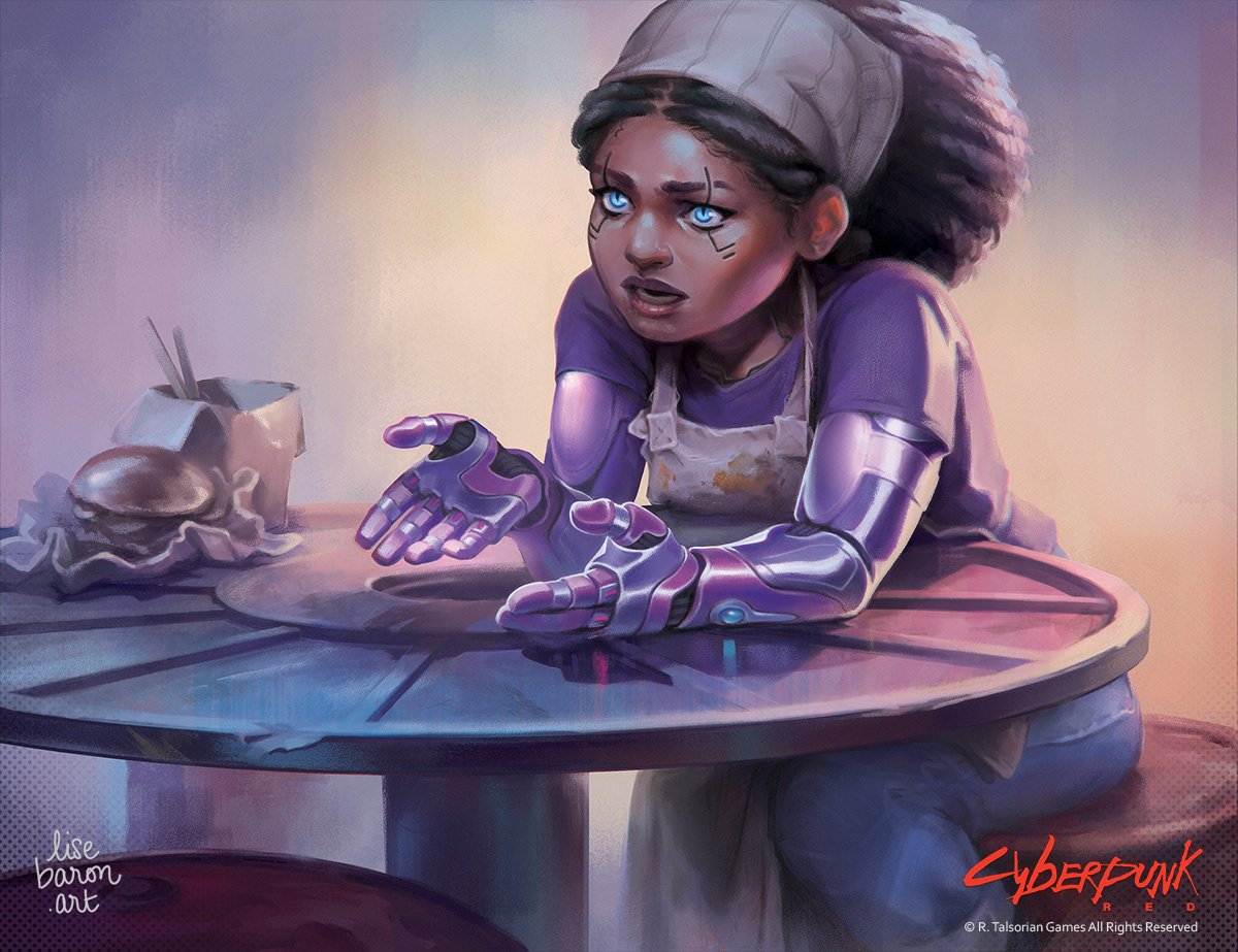 Digital Painting. Portrait of a small woman with electric blue eyes who looks 50/50 serious and concerned, leaning on a makeshift table with both of her purple robotic arms and explaining something to someone out of frame. She's wearing a stained apron and a simple kerchief around her thick locks. The table is made from a large wire plastic spool and her stools are metal barrels. Next to her on the table, a half eaten snack hints at her street food business.