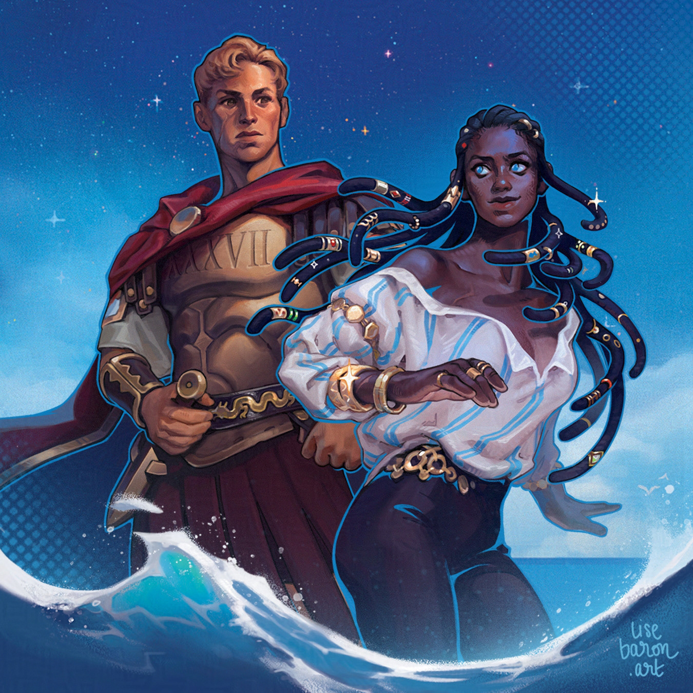 Closeup illustration of the two main characters of Dark Shores, framed by a starry night sky and a blue wave. Teriana on the right, a young woman with a deep dark skin and large blue eyes, wearing ornate waist long braids, a large white linen pirate shirt and a collection of gold bangles. Marcus on the left, a fierce blond Roman-like commander with a large scar on his right cheek, wears a cuirrasse with a XXXVII embossed, a thick red cloak. A golden dragon ornates his leather belt. painted by illustrator Lise Baron. 