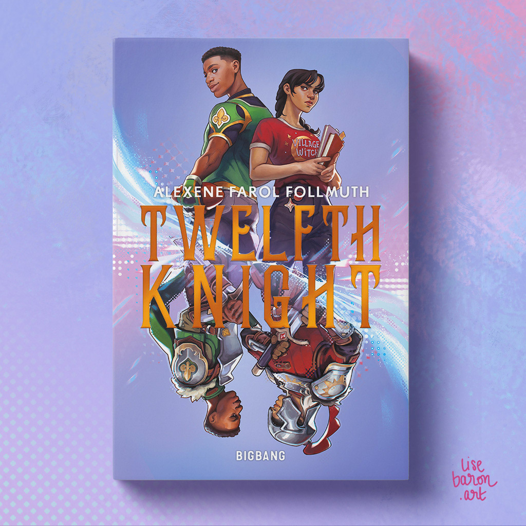 Book cover representing the two main characters of the book, contemporary teens back to back, mirrored vertically, somewhat like the figures of a playing card, with two face to face armored Knights wearing the same color schemes as their upside-down counterpart. On the teens side, Viola, a grumpy teen with nerdy interests is hugging her stack of books and staring, annoyed, at an friendly and smiling Jack, the very social and popular sports guy of their school. The knights are smiling at each other, looking ready to go to battle. The image is diagonally split with a pixellated/magic-y lightning effect over which the title reads Twelfth Knight in embossed golden letters. Twelfth Knight is a YA romance written by Alexene Farol Follmuth (Olivie Blake). This cover is the french traduction published by éditions Bigbang and painted by illustrator Lise Baron.