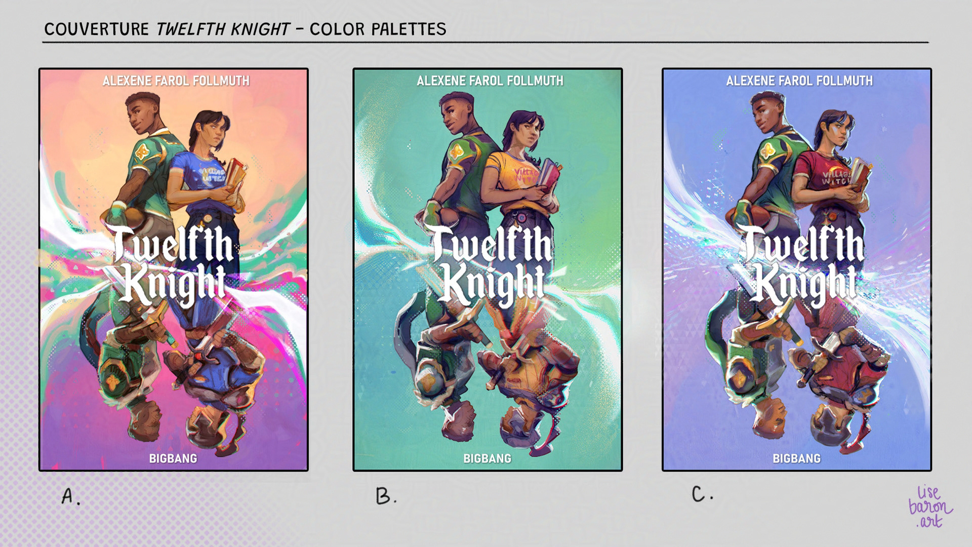 Process sheet for the Twelfth Knight book cover - 3 color compositions