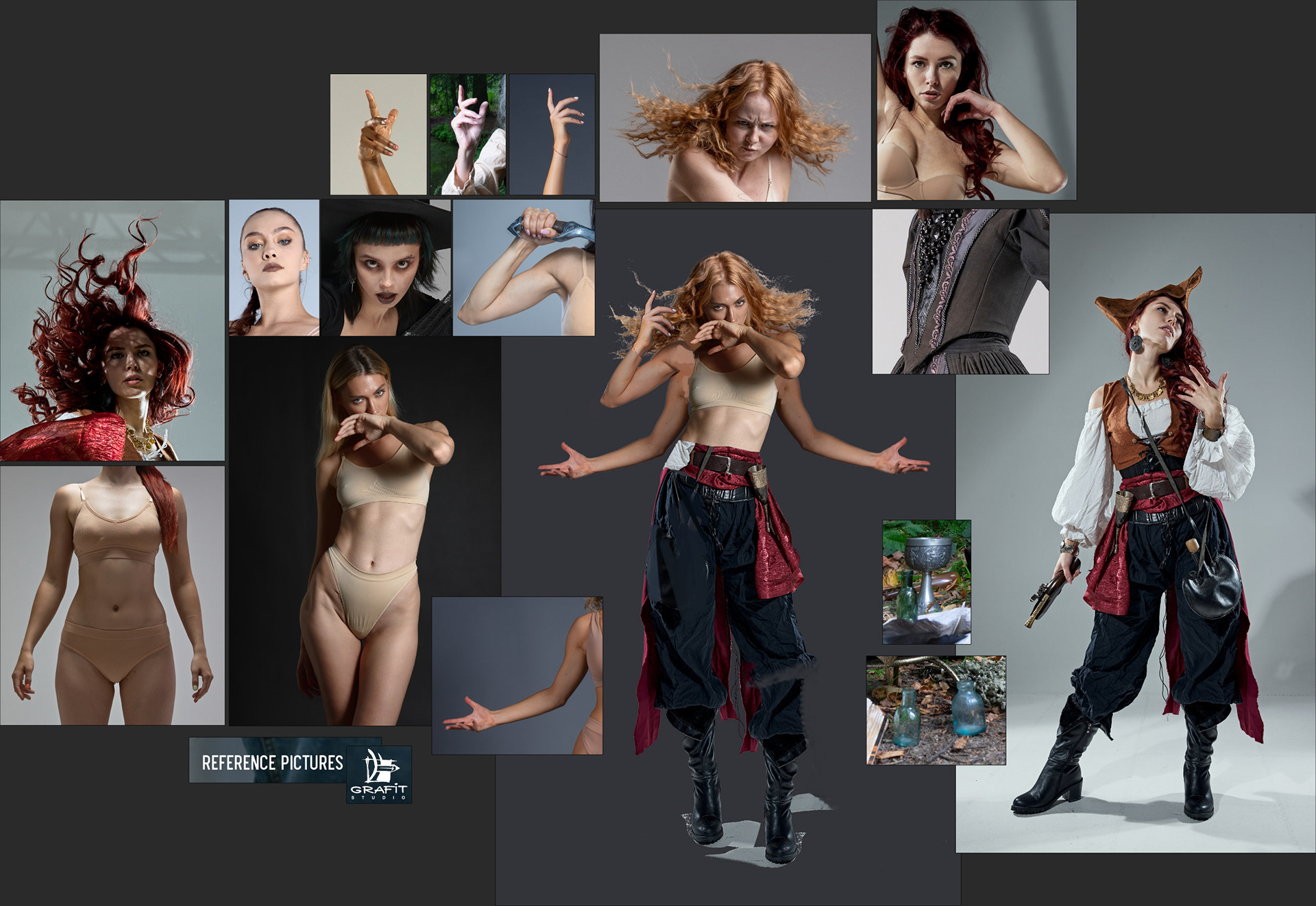 Reference sheet composed of a collection of reference pictures for artists bu Grafit Studio. At the center, a frankensteined woman made with parts of all the surrounding pictures, makes the base reference for the illustration above.