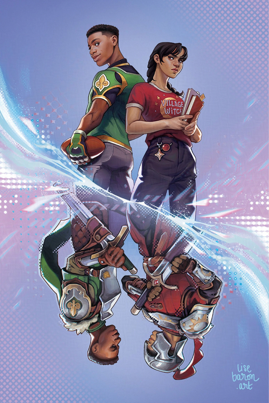 Book cover representing the two main characters of the book, contemporary teens back to back, mirrored vertically, somewhat like the figures of a playing card, with two face to face armored Knights wearing the same color schemes as their upside-down counterpart. On the teens side, Viola, a grumpy teen with nerdy interests is hugging her stack of books and staring, annoyed, at an friendly and smiling Jack, the very social and popular sports guy of their school. The knights are smiling at each other, looking ready to go to battle. The image is diagonally split with a pixellated/magic-y lightning effect over which the title reads Twelfth Knight in embossed golden letters. Twelfth Knight is a YA romance written by Alexene Farol Follmuth (Olivie Blake). This cover is the french traduction published by éditions Bigbang and painted by illustrator Lise Baron.
