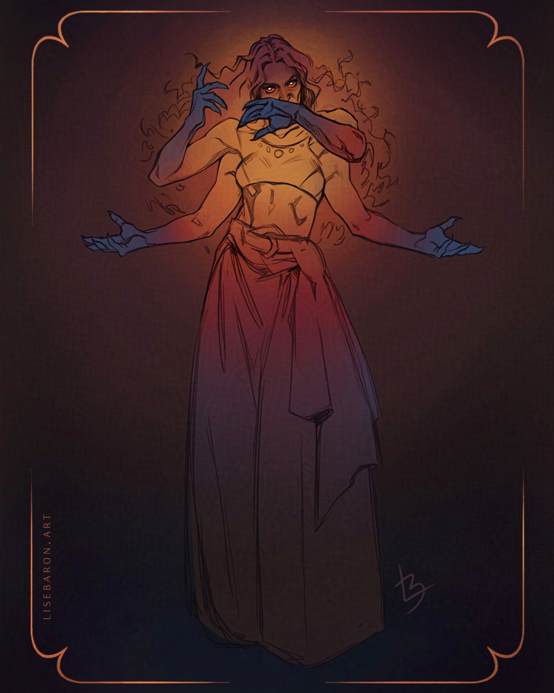 line sketch with color intention created from the reference sheet next to it, and base to the final illustration above. by illustrator Lise Baron for Grafit Studio's "Heroes & Villains" art contest