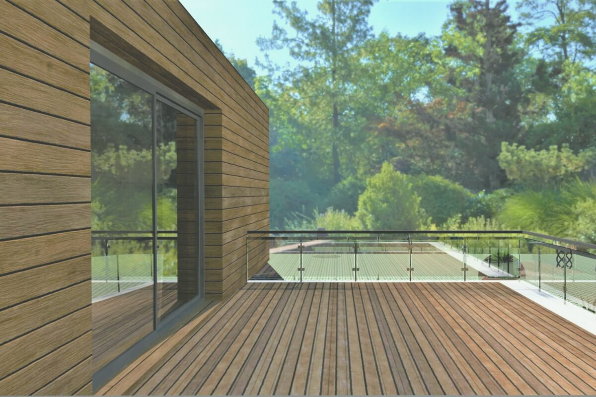 Photo of a sustainable home with trees in the background