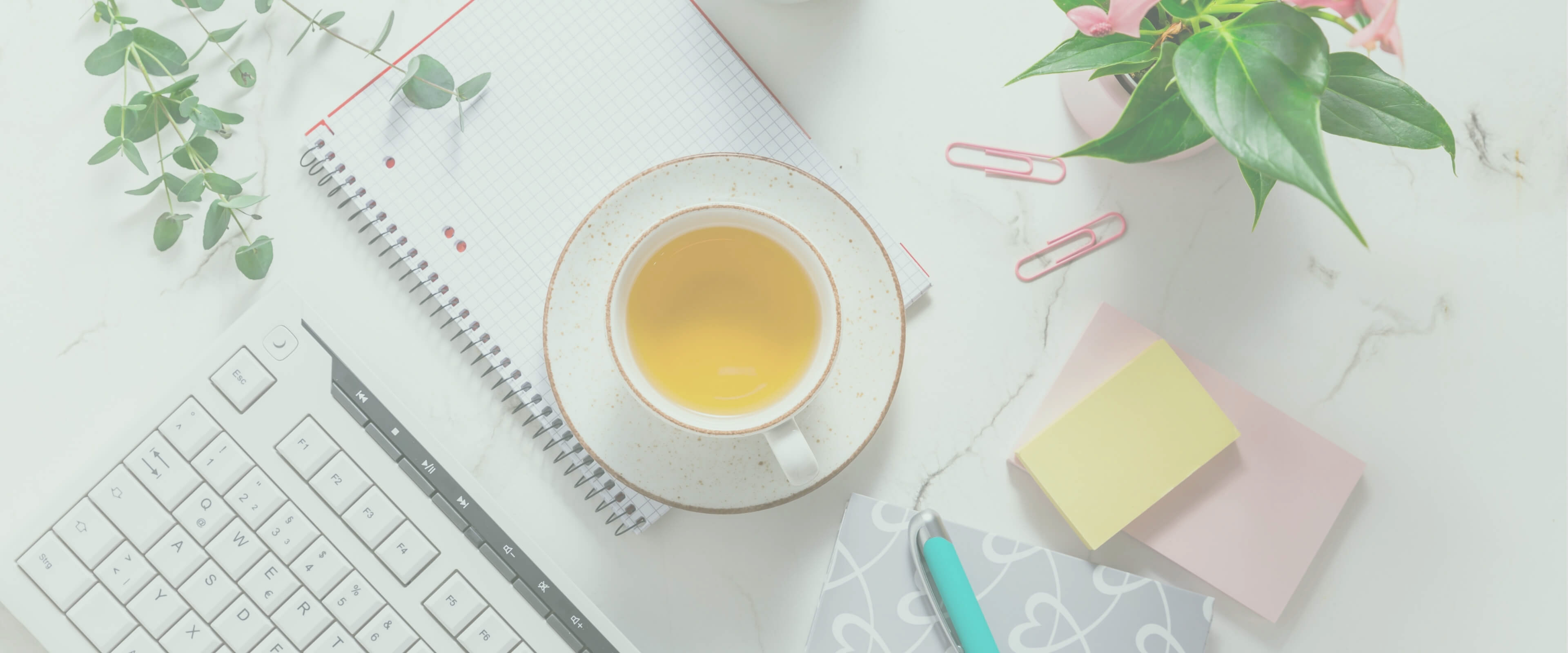 Flat lay of desk with a cup of tea, post-it notes, plants and keyboard