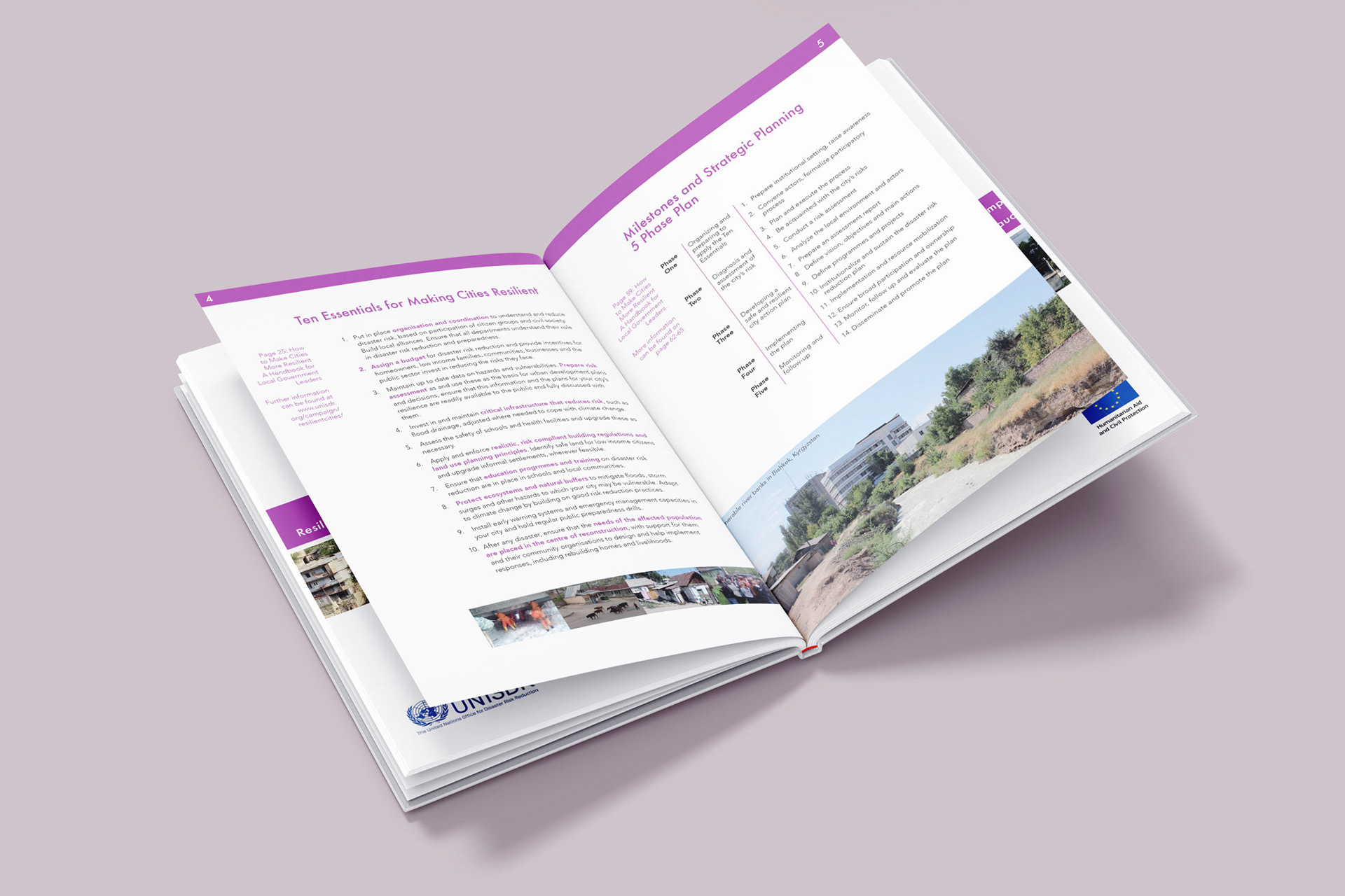 Open hardback book mockup of UNISDR printed report on Making Cities resilient. White pages with text and images on a pink background.