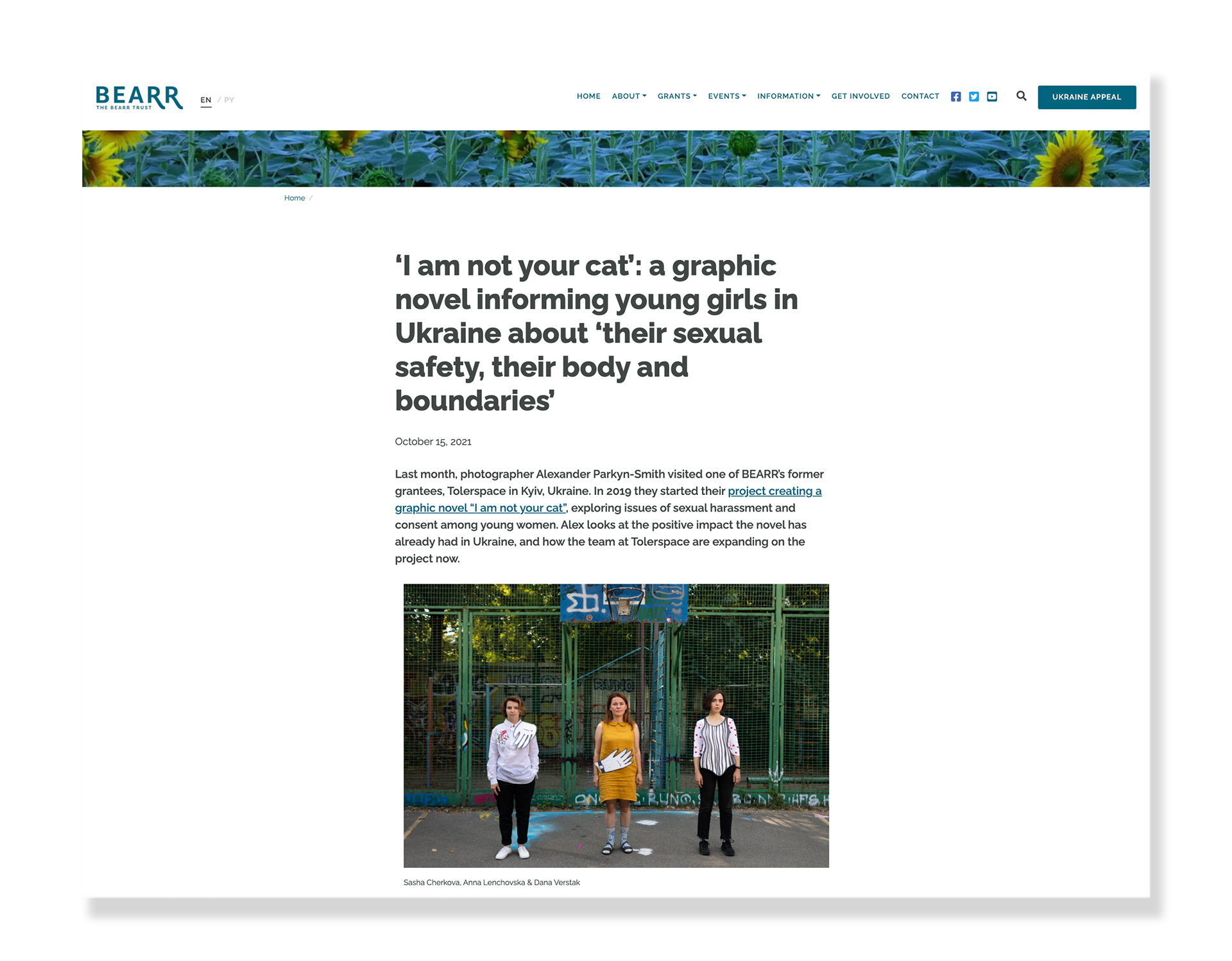 Screenshot from BEARR trust website showing photographic article page. The main banner shows the company logo and their is an image with sunflowers. The sample image on the page shows three women standing in a playground.