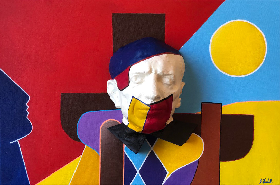"Sul legno del calvario", 2021, acrilico e stampa 3d su tela, 40x60, COLLEZIONE PRIVATA
