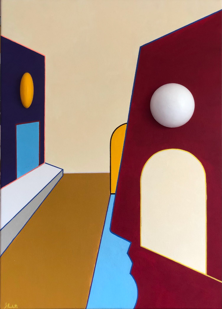 "Davanti a una porta", 2021, acrilico e stampa 3d su tela, 70x50, DISPONIBILE (per info scrivere a questo indirizzo: sebastianofurlotti@gmail.com )
